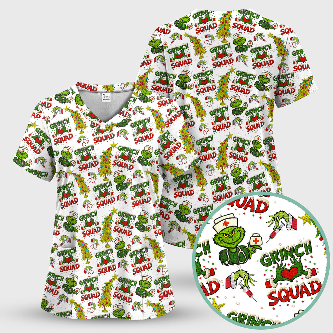 Christmas Nurse Scrub Top for Women - Funny Grinch Squad Scrub Shirt Multi Color - Cute Holiday Nursing Work Shirt with Pockets