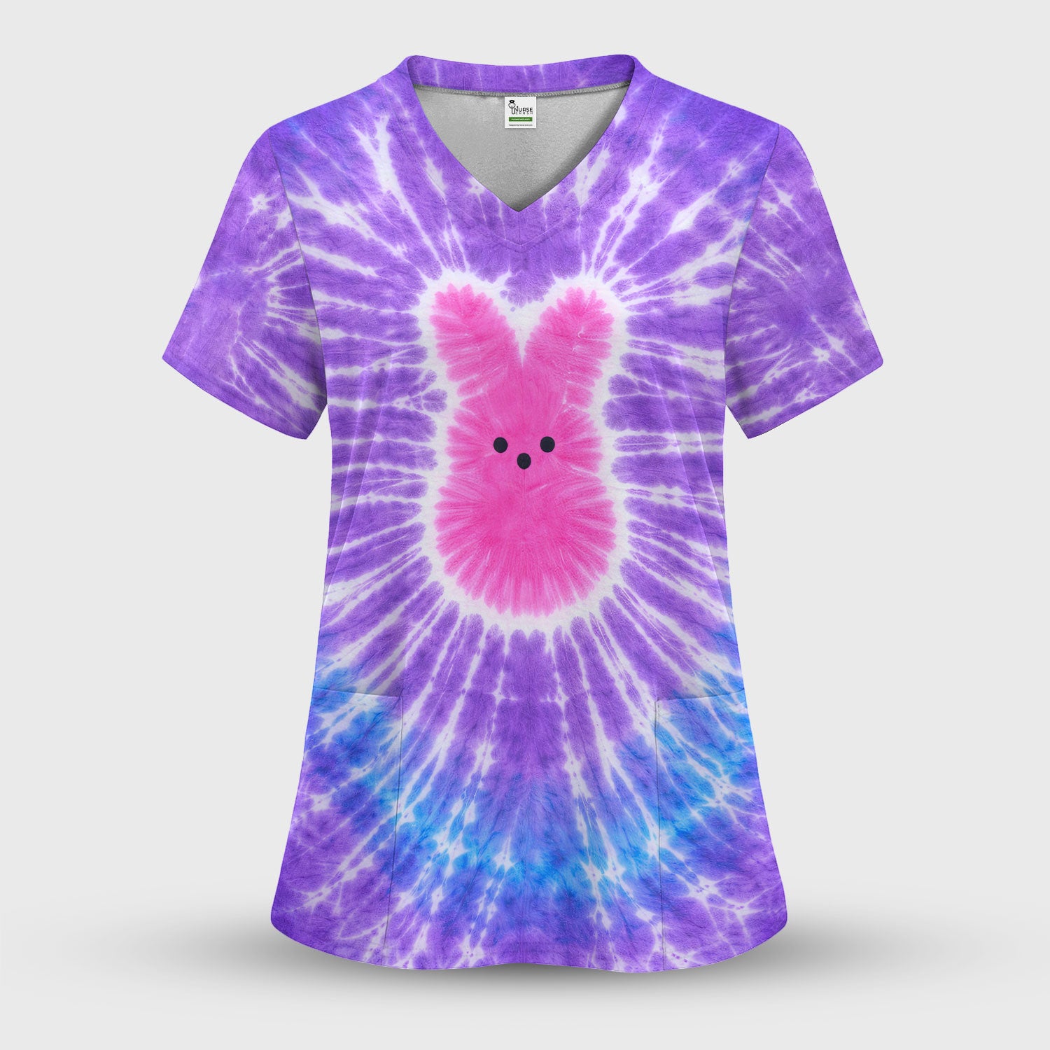 Easter Peep Tie Dye Scrub Top, Easter Bunny Nurse Shirt For Women, Breathable Fabrics Nursing Uniform