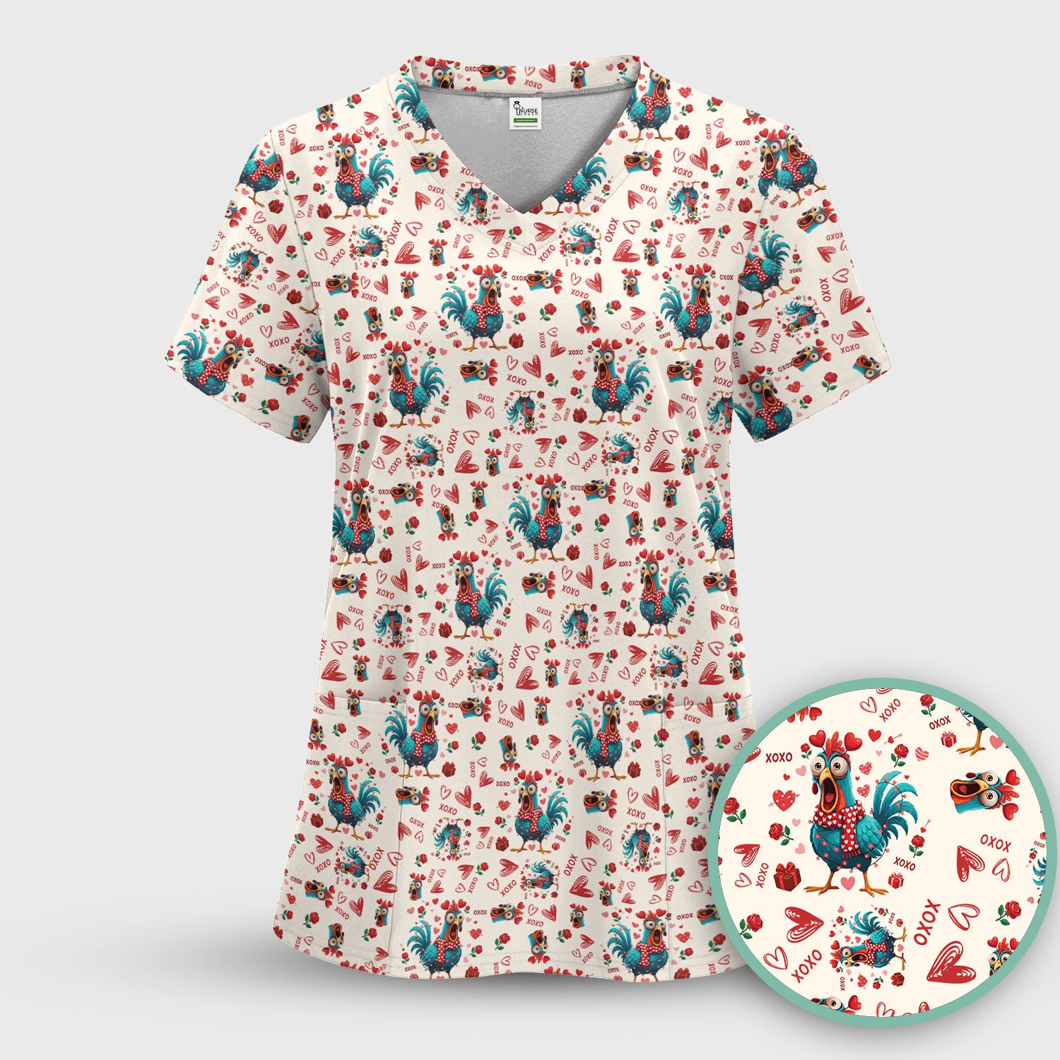 Funny Rooster Valentine Scrub Set, Cute Chicken XOXO Heart Pattern Nurse Shirt, Breathable Fabrics Nursing Uniform