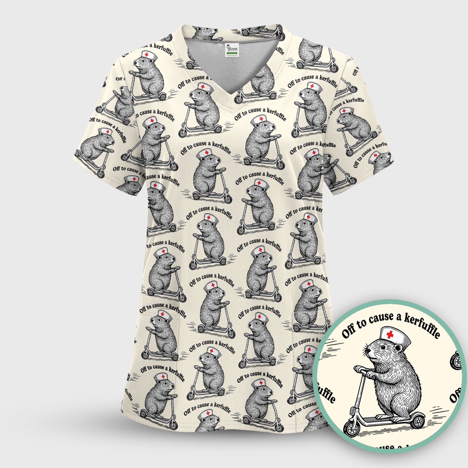 Funny Nurse Mouse Scooter Print Women's Scrub Set, Scrub Pants and V Neck Top