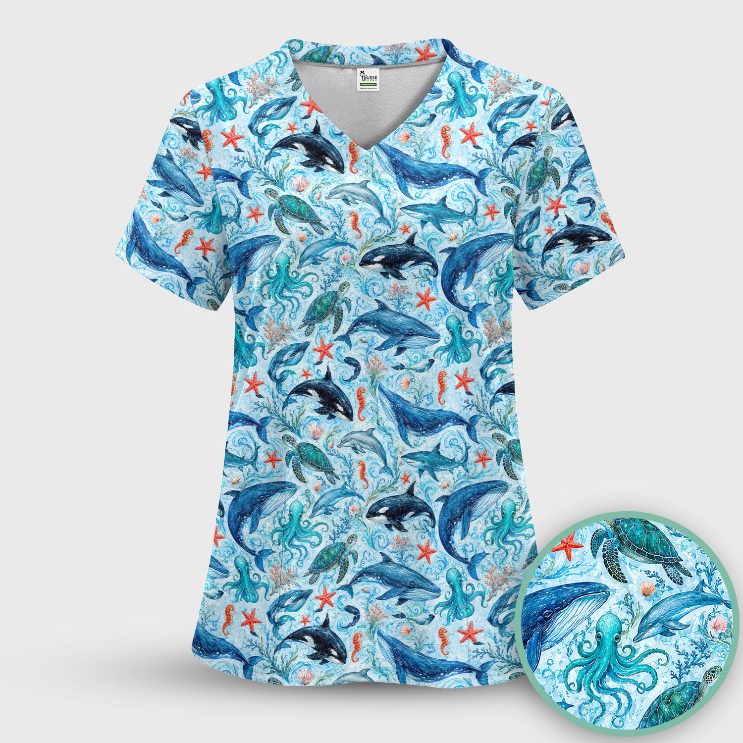 Watercolor Ocean Wildlife Scene Pattern Scrub Top, Comfortable Scrubs for Nurses