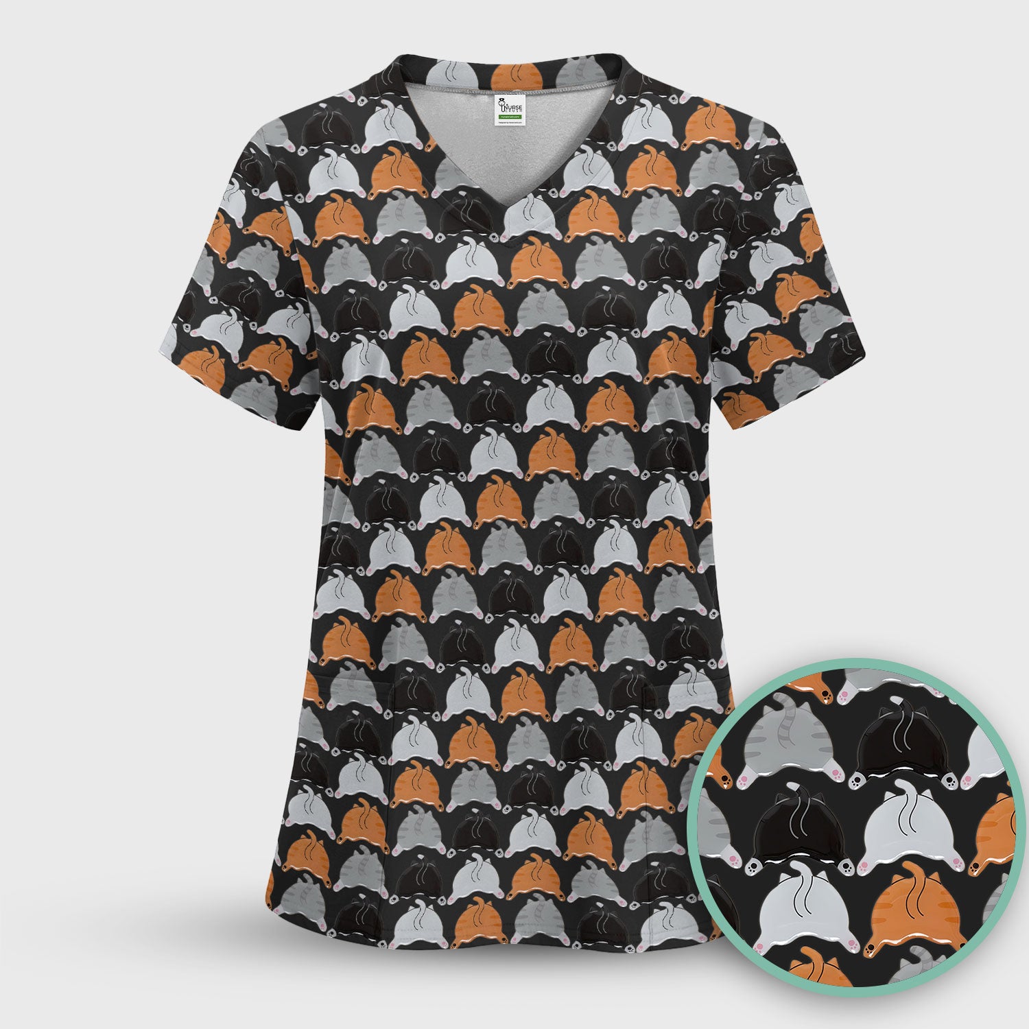 Playful Multicolor Cat Print Scrub Top, Breathable Fabrics Nursing Uniform