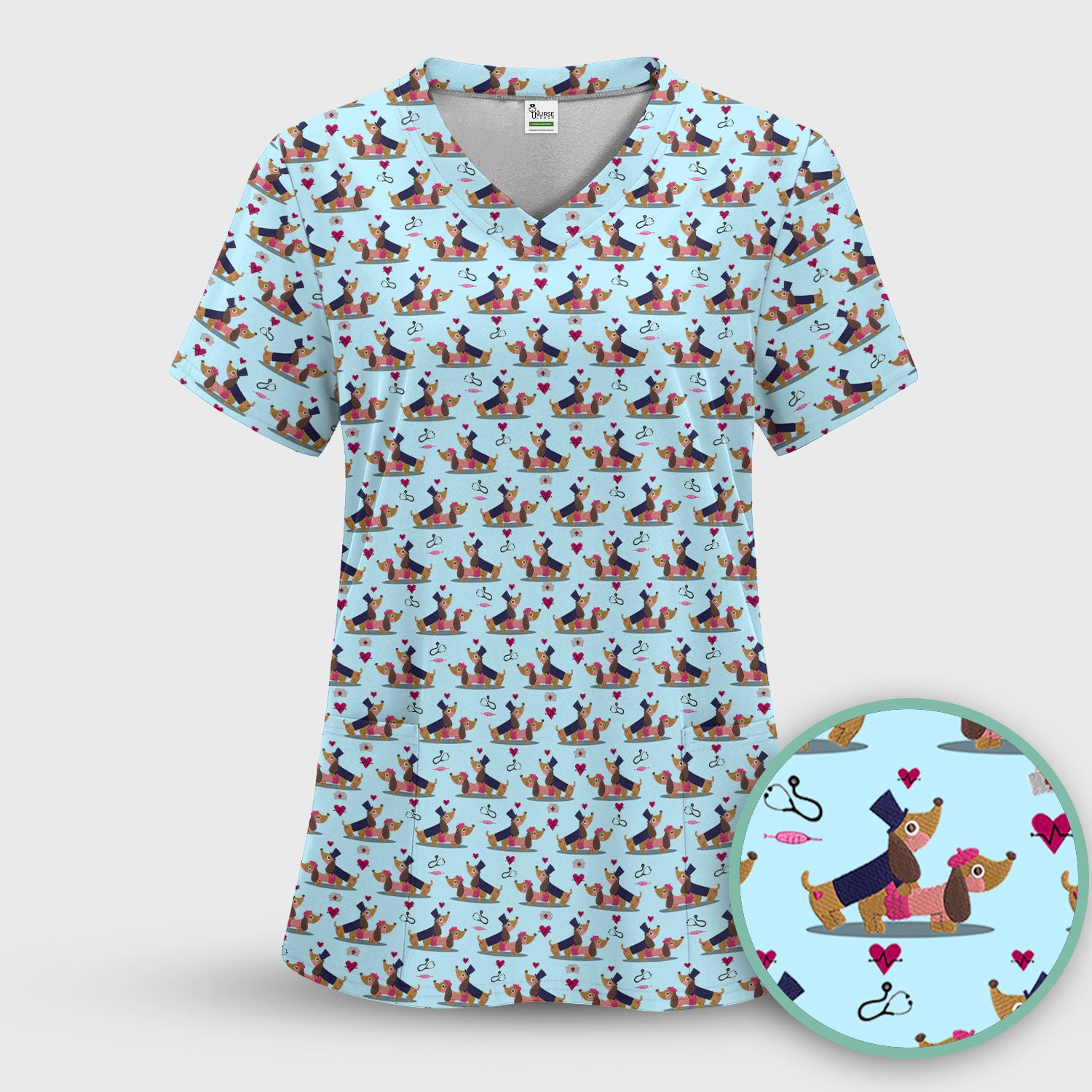 Cute Dachshund Valentine Nurse Scrub Top - Funny Gift for Women