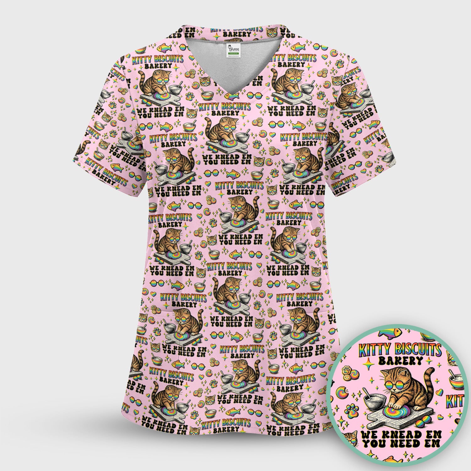 Pride Nurse Cat Baking Rainbow Dough Pattern Scrub Top, Breathable Fabrics Nursing Uniform