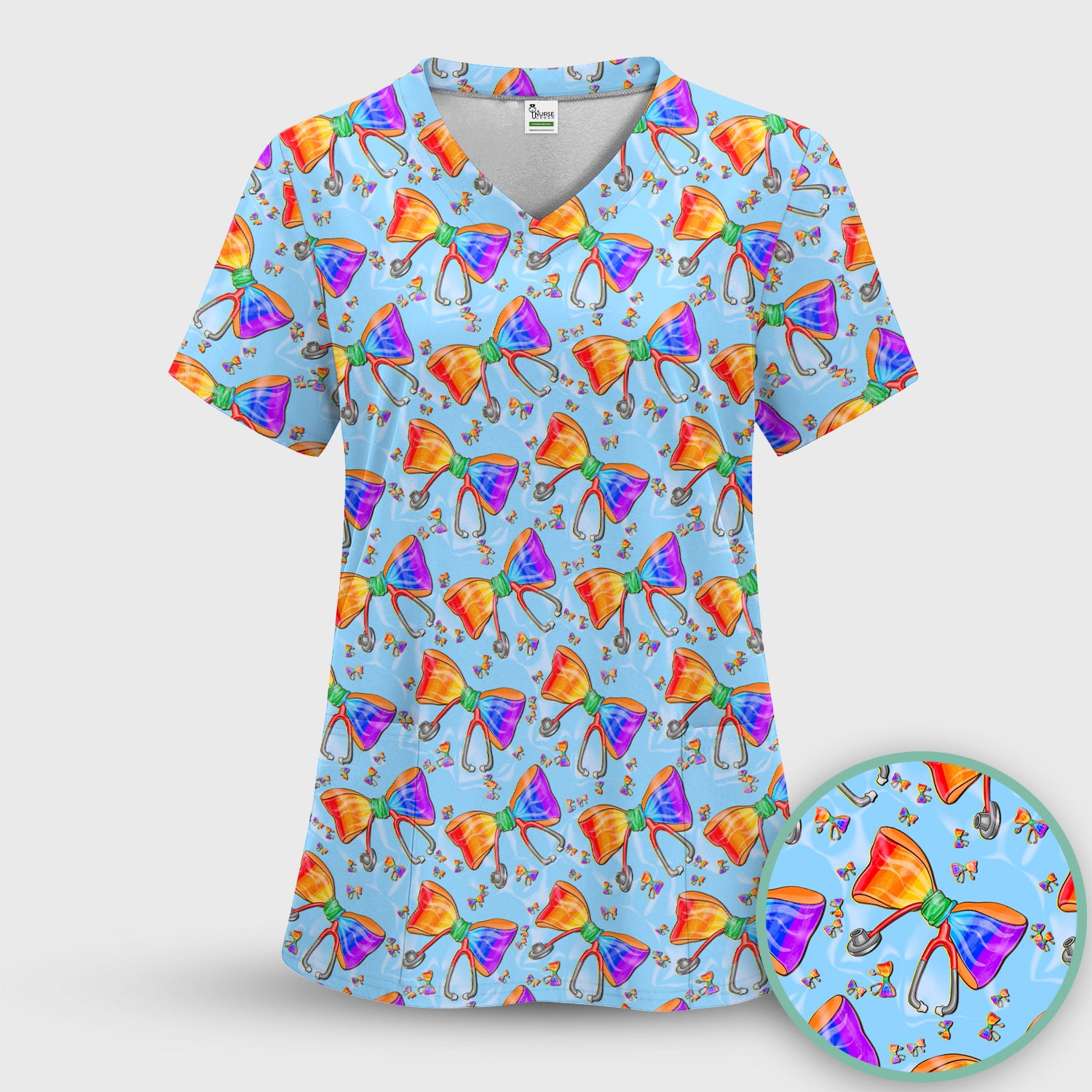 Colorful Rainbow Bow Stethoscope Pattern Scrub Top, Breathable Fabrics Nursing Uniform