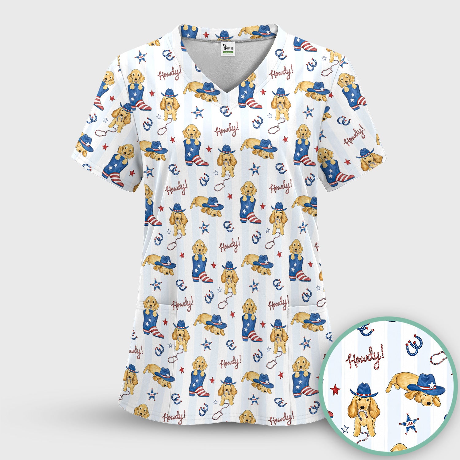 Patriotic Howdy Golden Dog Western Pattern Scrub Set, Scrub Pants and V Neck Top