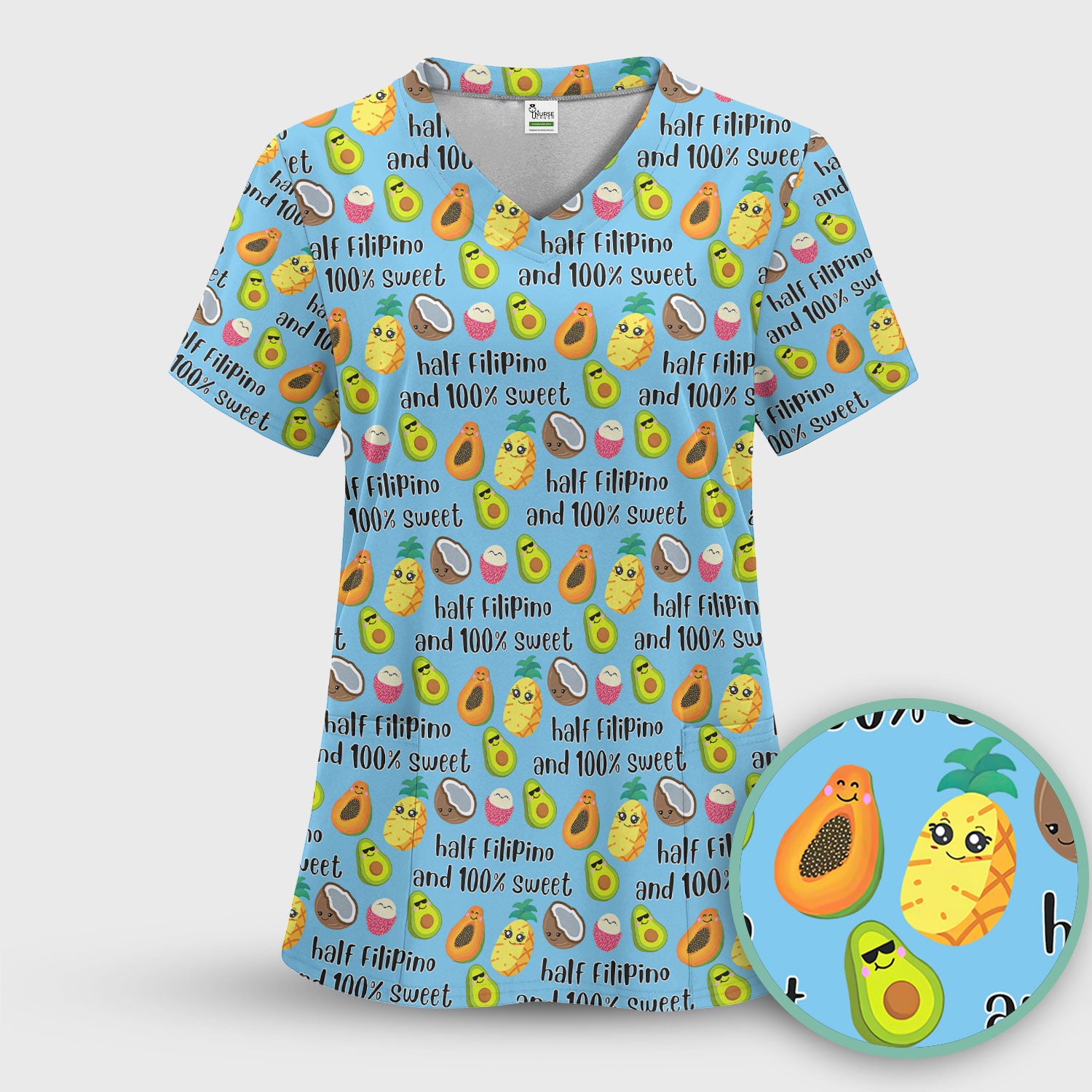 Playful Avocado Fruit Print Filipino Quote Scrub Top, Breathable Fabrics Nursing Uniform