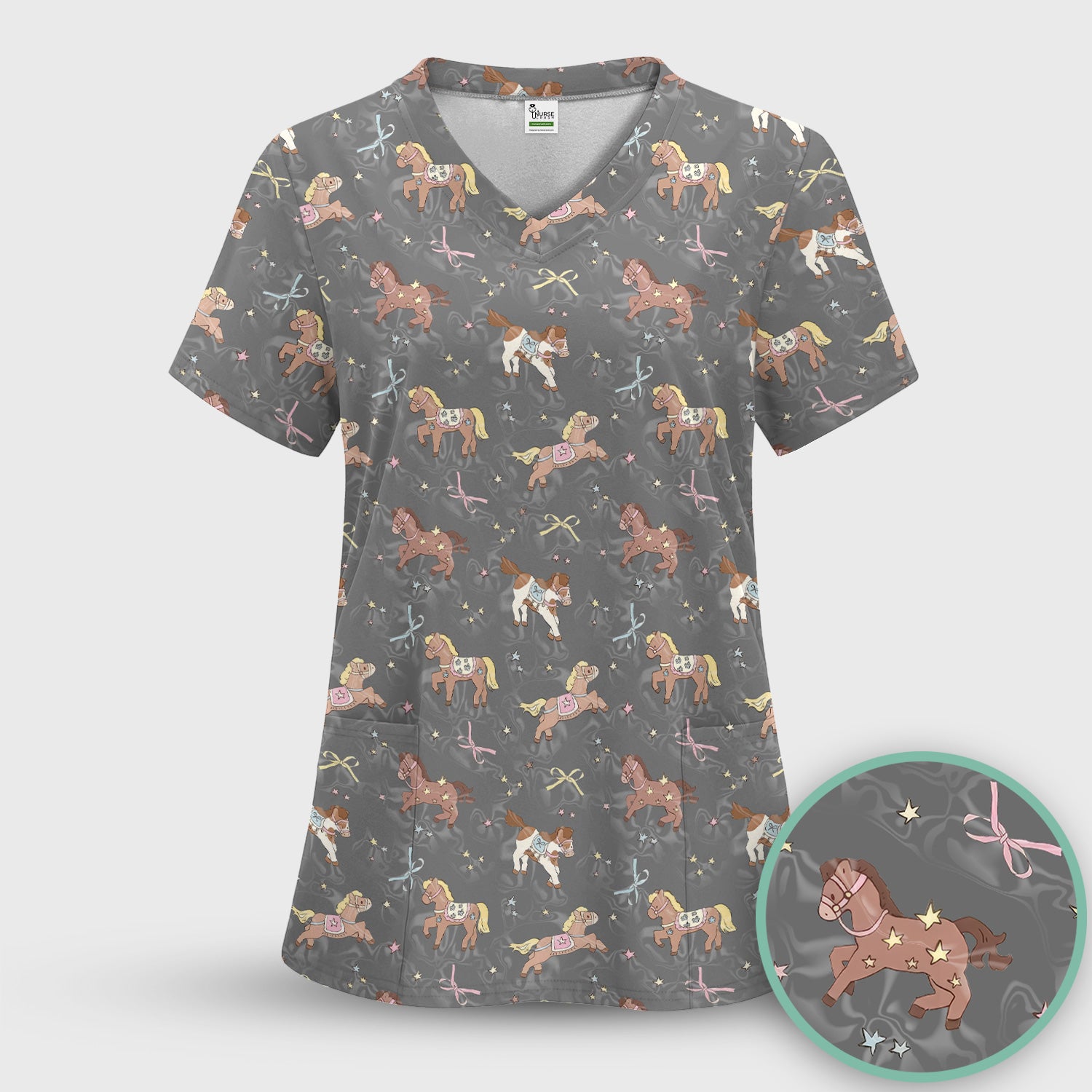 Cute Pony Star Pattern Scrub Top, Comfortable Scrubs for Nurses