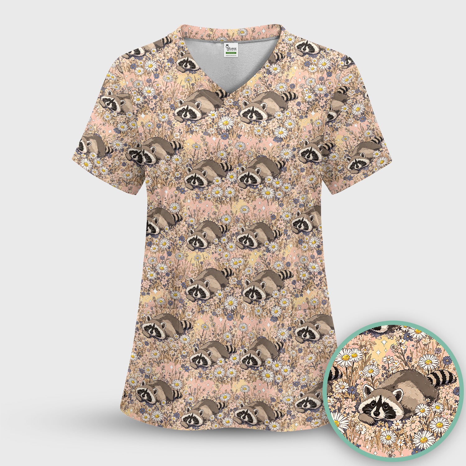 Cute Raccoon Wildflower Meadow Pattern Scrub Top, Comfortable Scrubs for Nurses