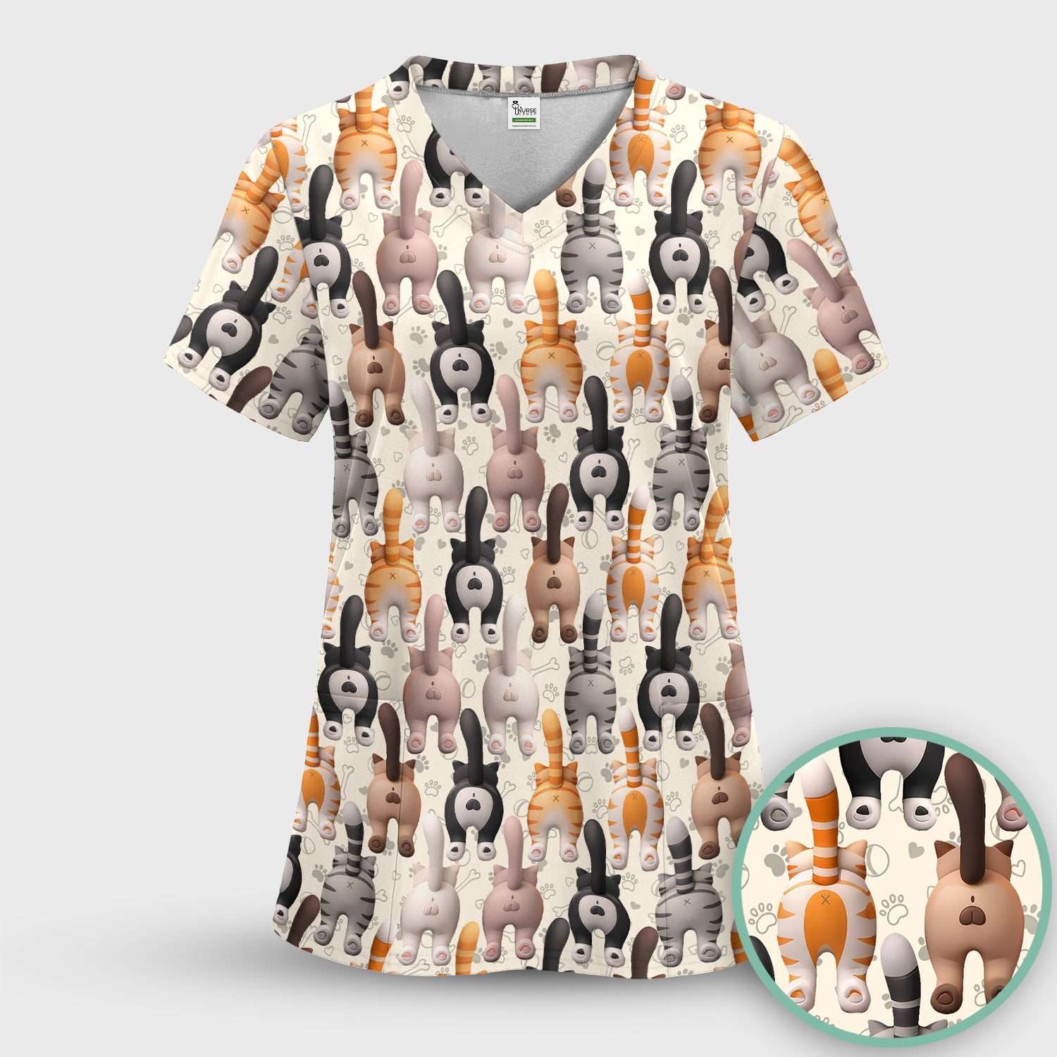 Funny Cat Butt Paw Print Pattern Scrub Set, Nurse Uniform Scrubs Set