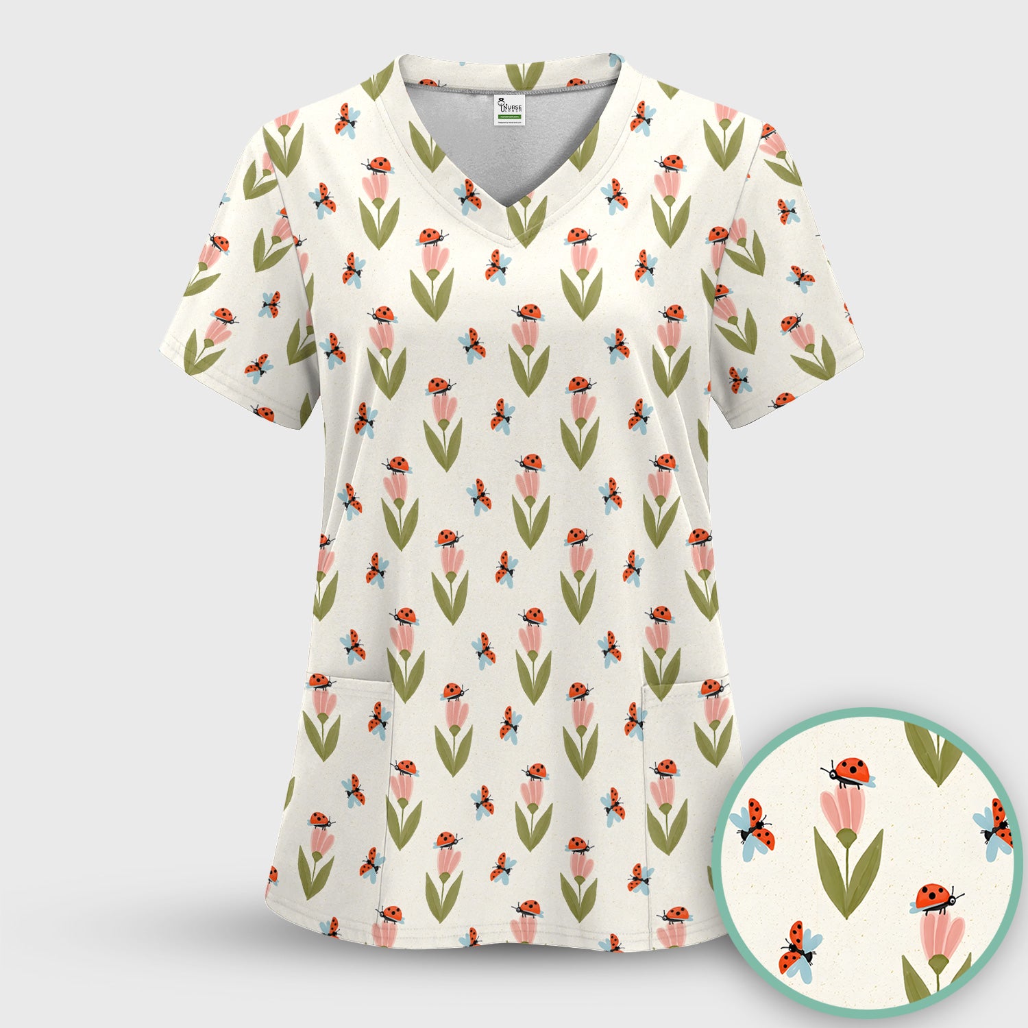 Cute Ladybug Tulip Floral Pattern Scrub Top, Comfortable Scrubs for Nurses