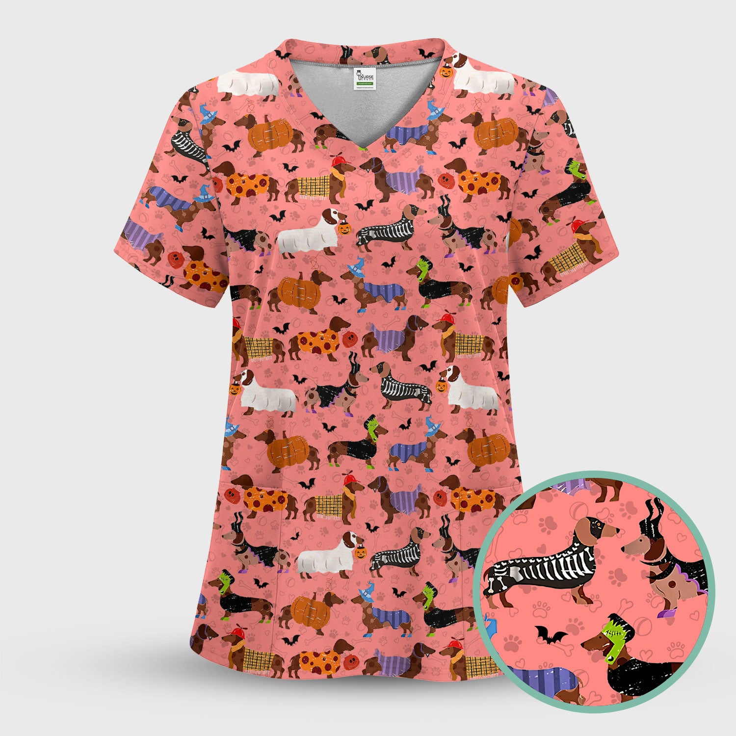 Funny Halloween Dachshund Scrub Top - Cute Sausage Dog Pumpkin Skeleton Nurse Shirt for Women - RN LPN CNA Medical Gift
