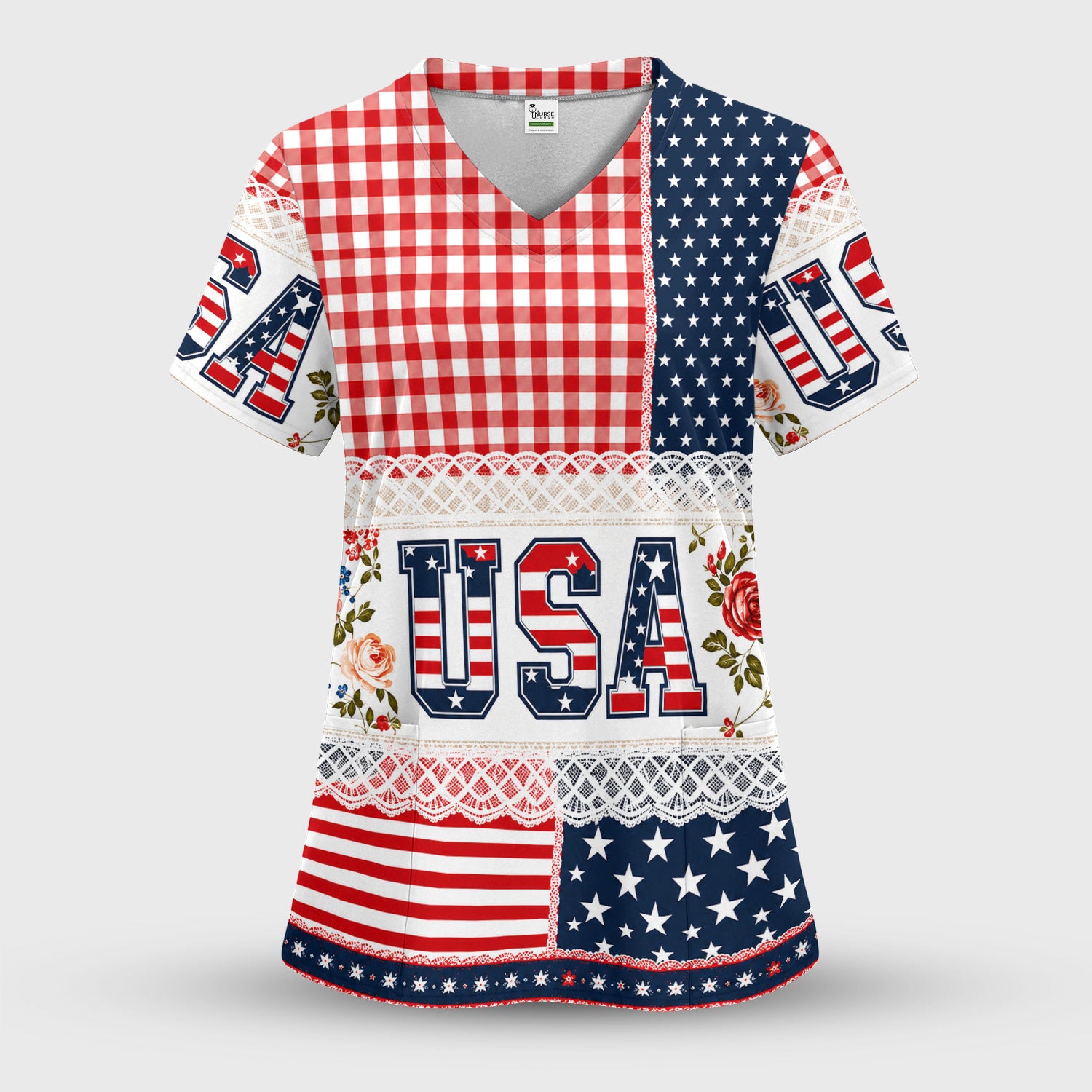 Patriotic Patchwork with USA Flag Pattern Scrub Top, Comfortable Scrubs for Nurses