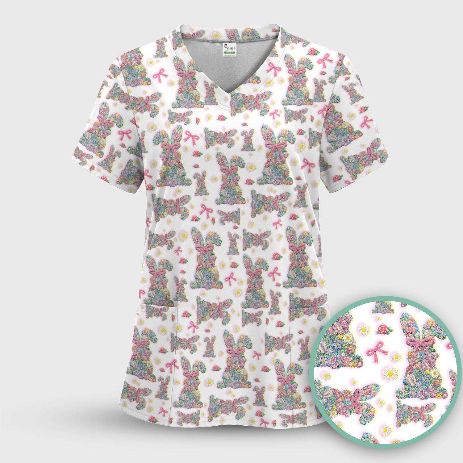Colorful Floral Bunny with Pink Bow Pattern Scrub Top, Breathable Fabrics Nursing Uniform, Easter