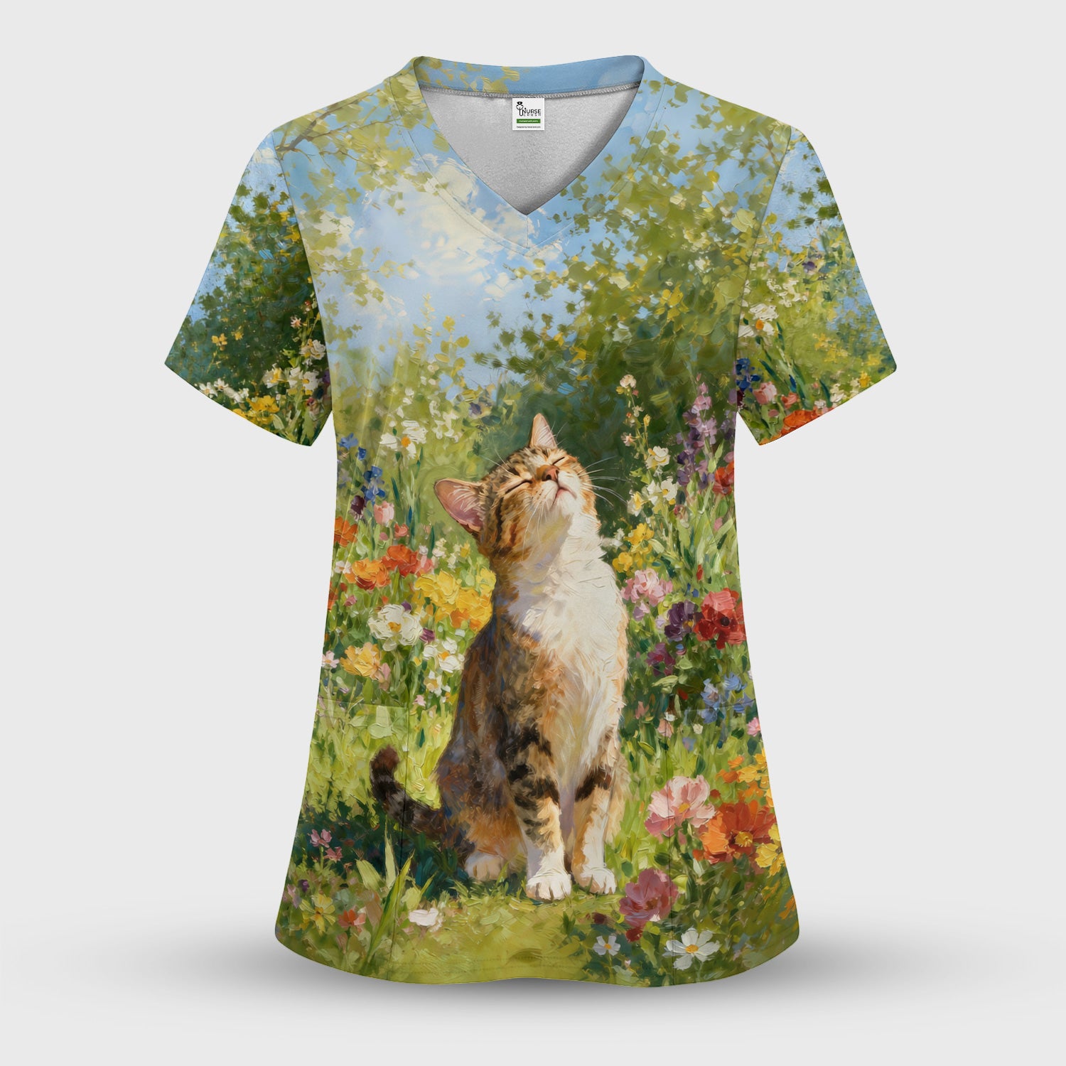 Whimsical Garden Cat Blossom Pattern Scrub Top, Comfortable Scrubs for Nurses