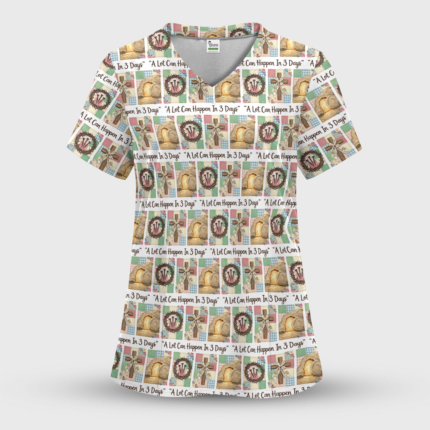 Christian Easter Cross Print Scrub Top, Breathable Fabrics Nursing Uniform