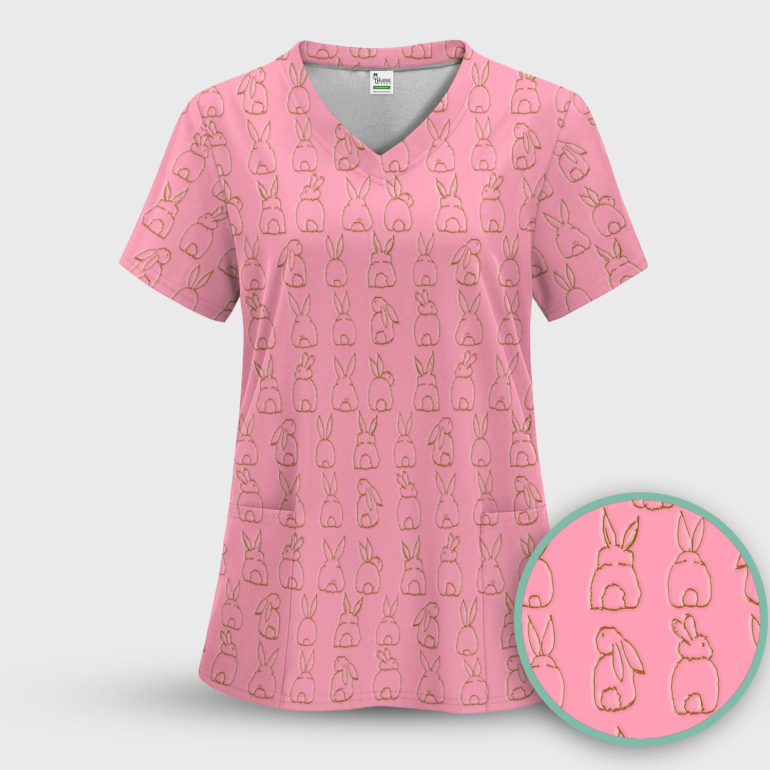 Cartoon Bunny Line Art Pattern Medical Scrub Top, Comfortable Scrubs for Nurses, Easter