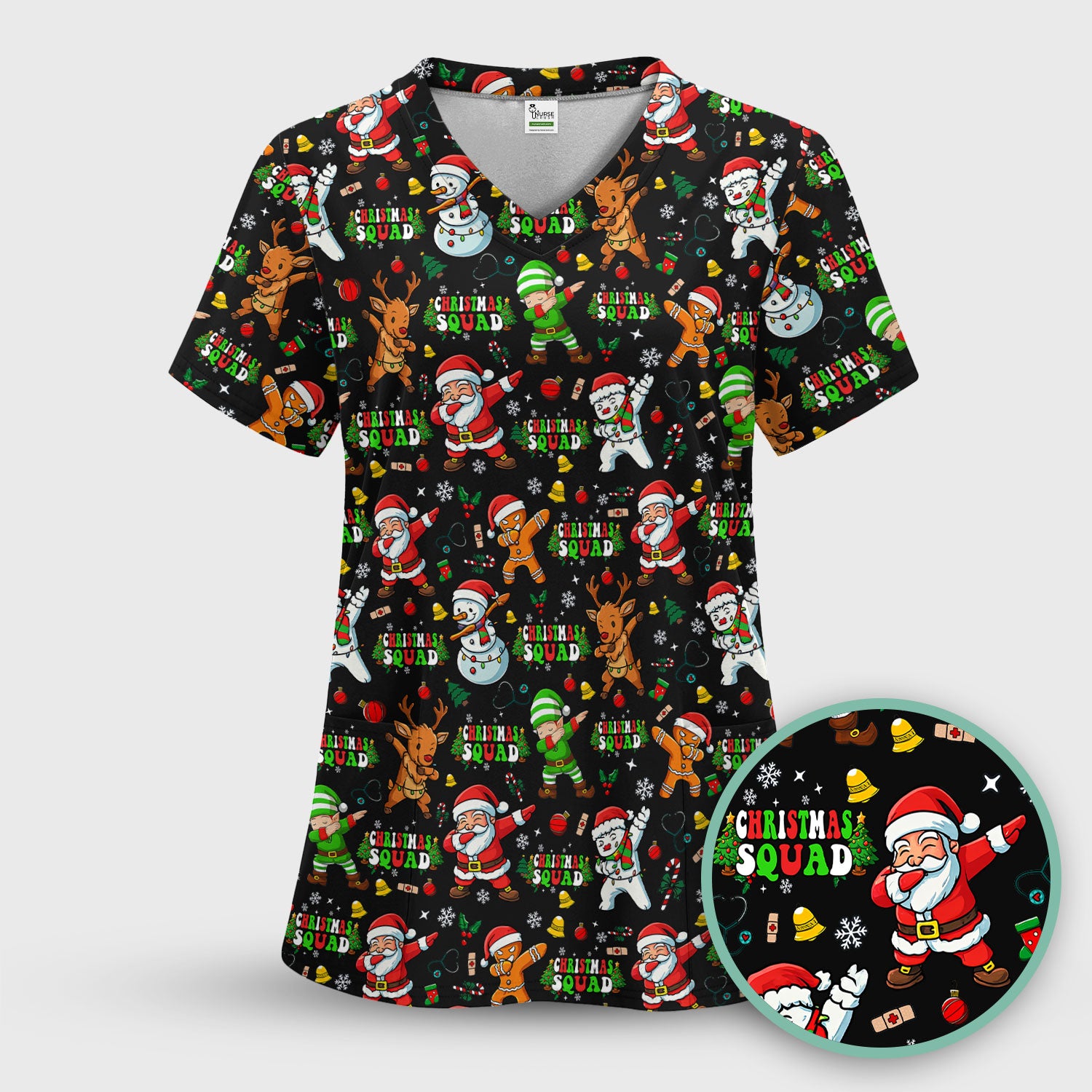 Christmas Squad Scrub Top - Funny Santa & Reindeer Shirt - Cute Holiday Medical Uniform for Nurses, Doctors & Vet Techs
