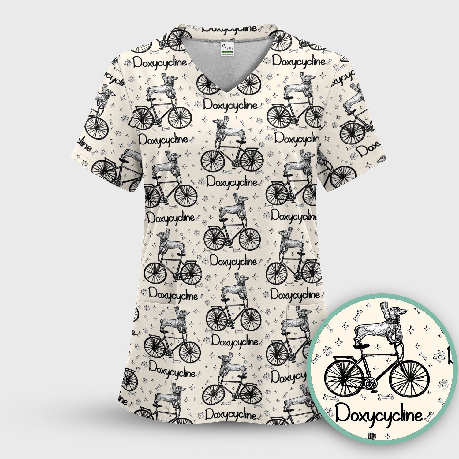 Funny Doxycycline Dog Bicycle Print Scrub Top, Comfortable Scrubs for Nurses