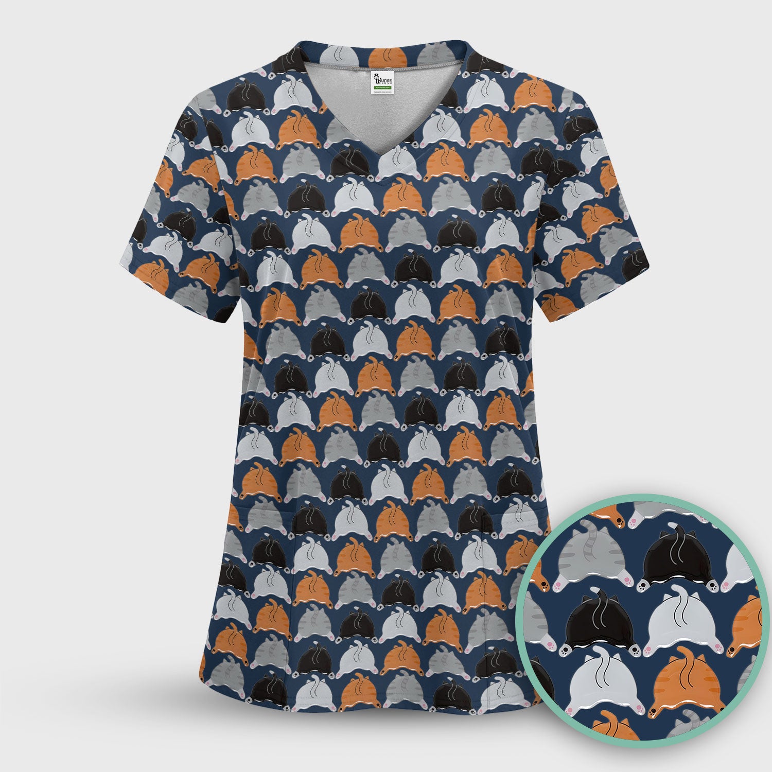 Playful Multicolor Cat Print Scrub Top, Breathable Fabrics Nursing Uniform