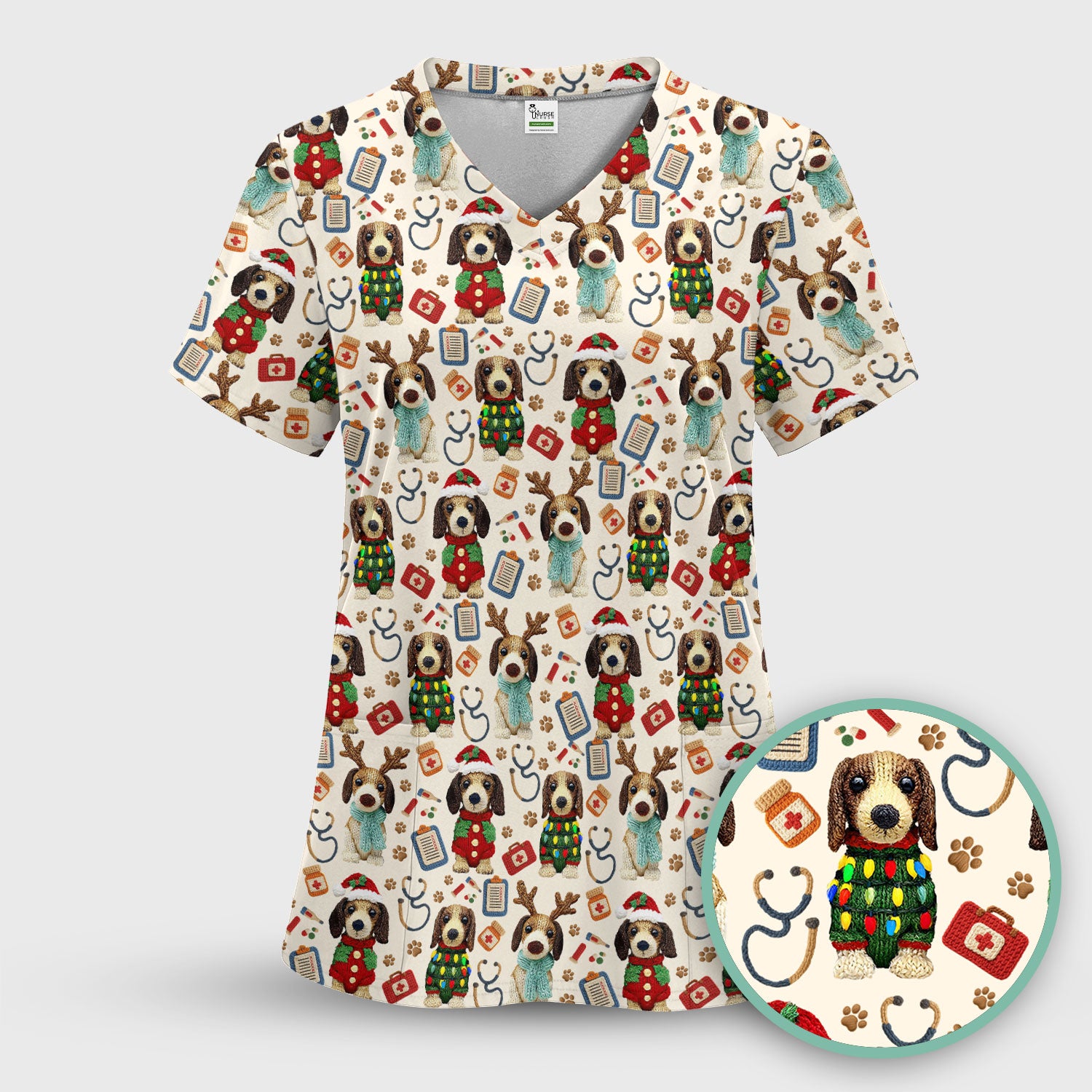 Christmas Doxie Scrubs for Women - Cute Dachshund Christmas Scrub Top for Nurses - Funny Medical Uniform Gift