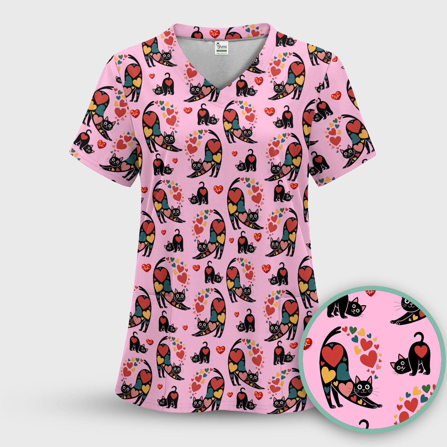 Playful Cat Valentine Heart Print Nurse Scrub Top, Comfortable Scrubs for Nurses