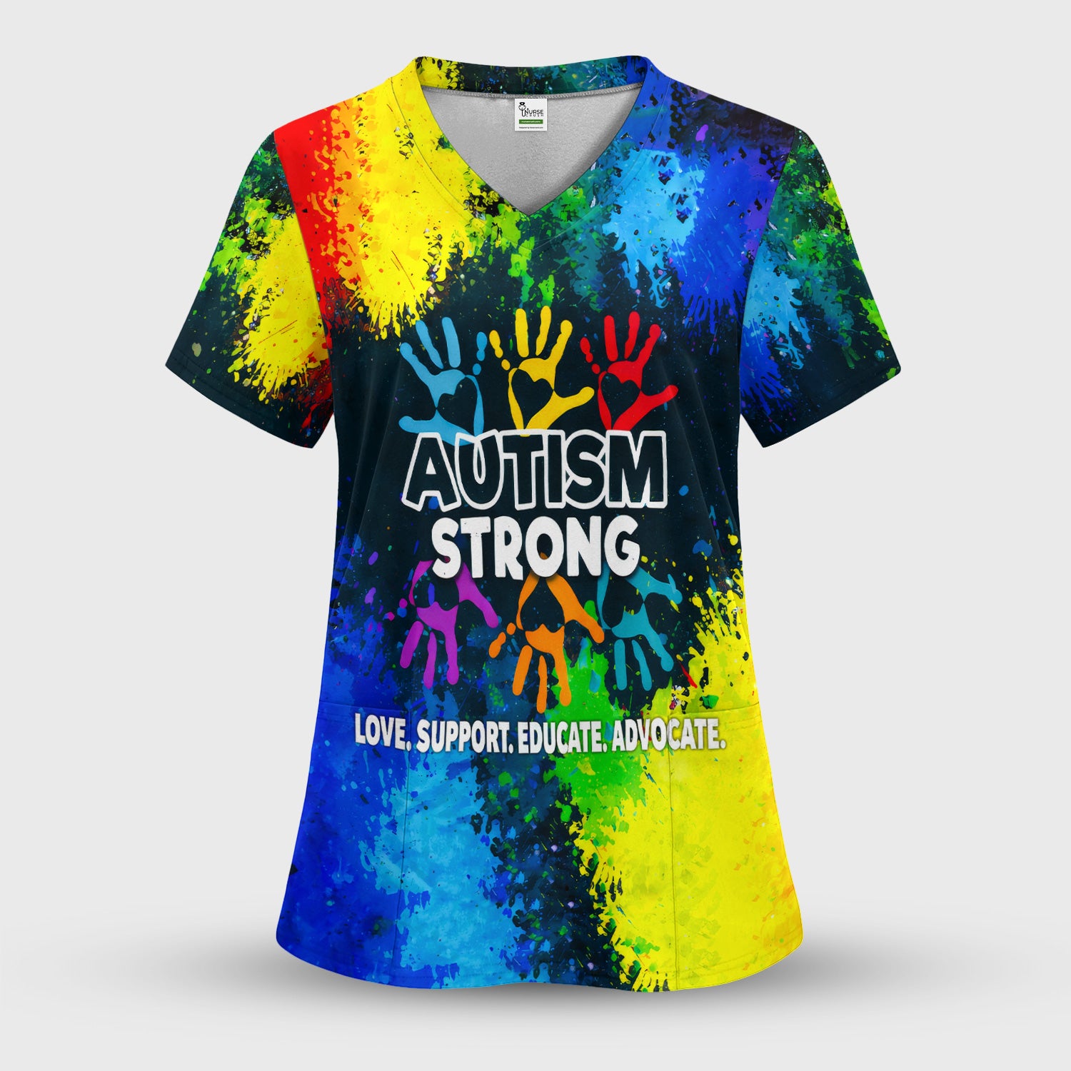 Autism Strong Colorful Handprint Scrub Top, Breathable Fabrics Nursing Uniform