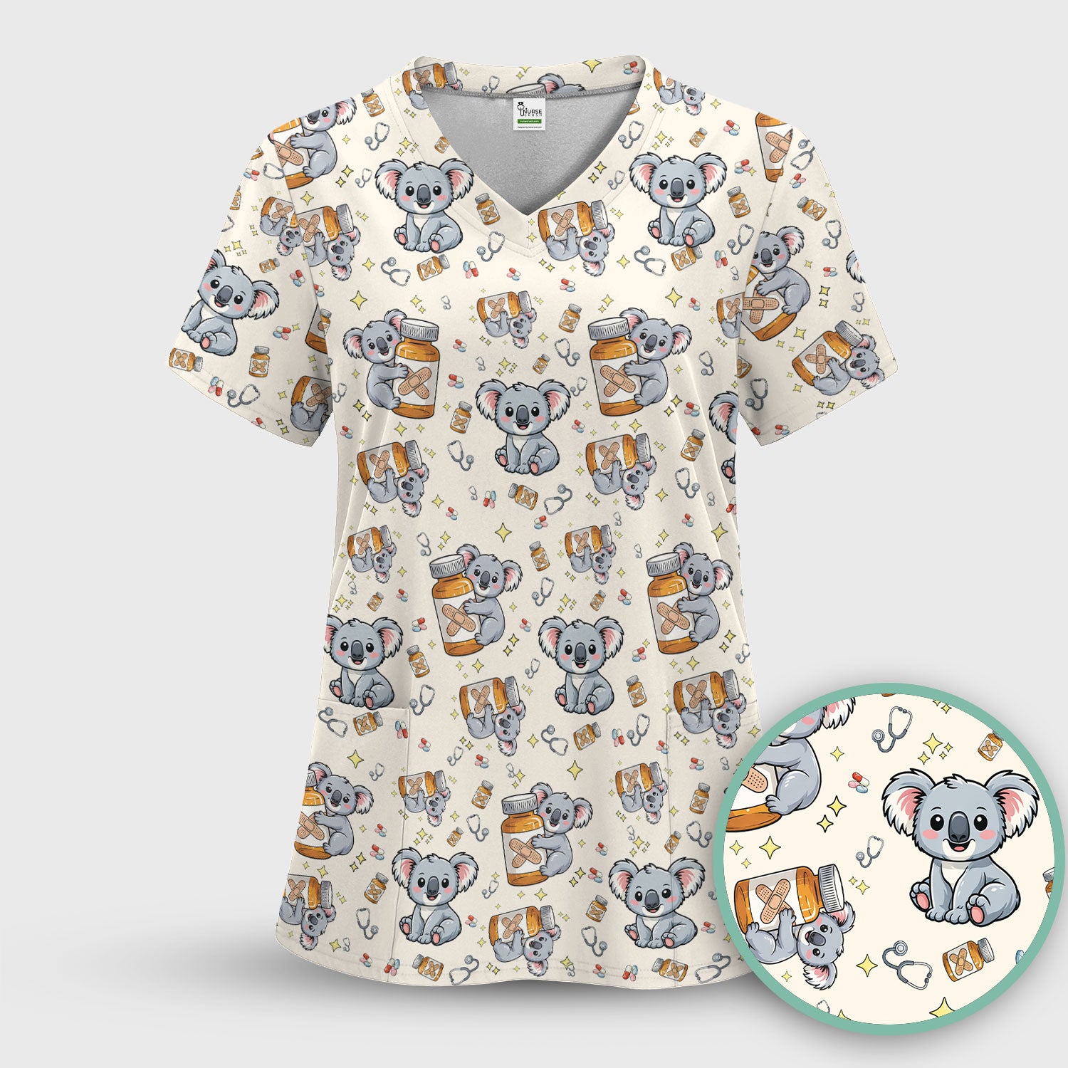 Cute Koala Nurse Bandage Medicine Print Scrub Top, Comfortable Scrubs for Nurses