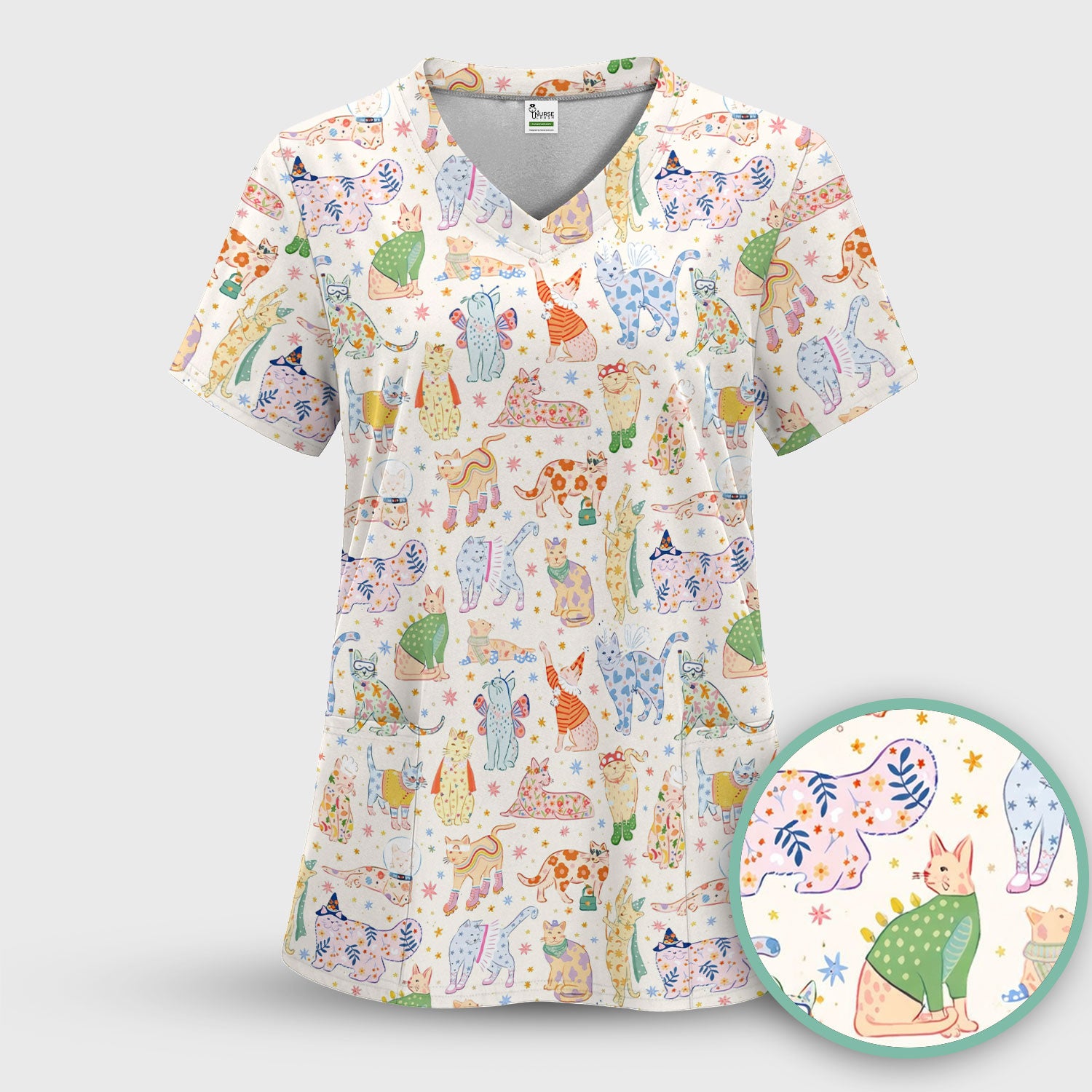 Colorful Pastel Cartoon Cats Print Scrub Top, Breathable Fabrics Nursing Uniform