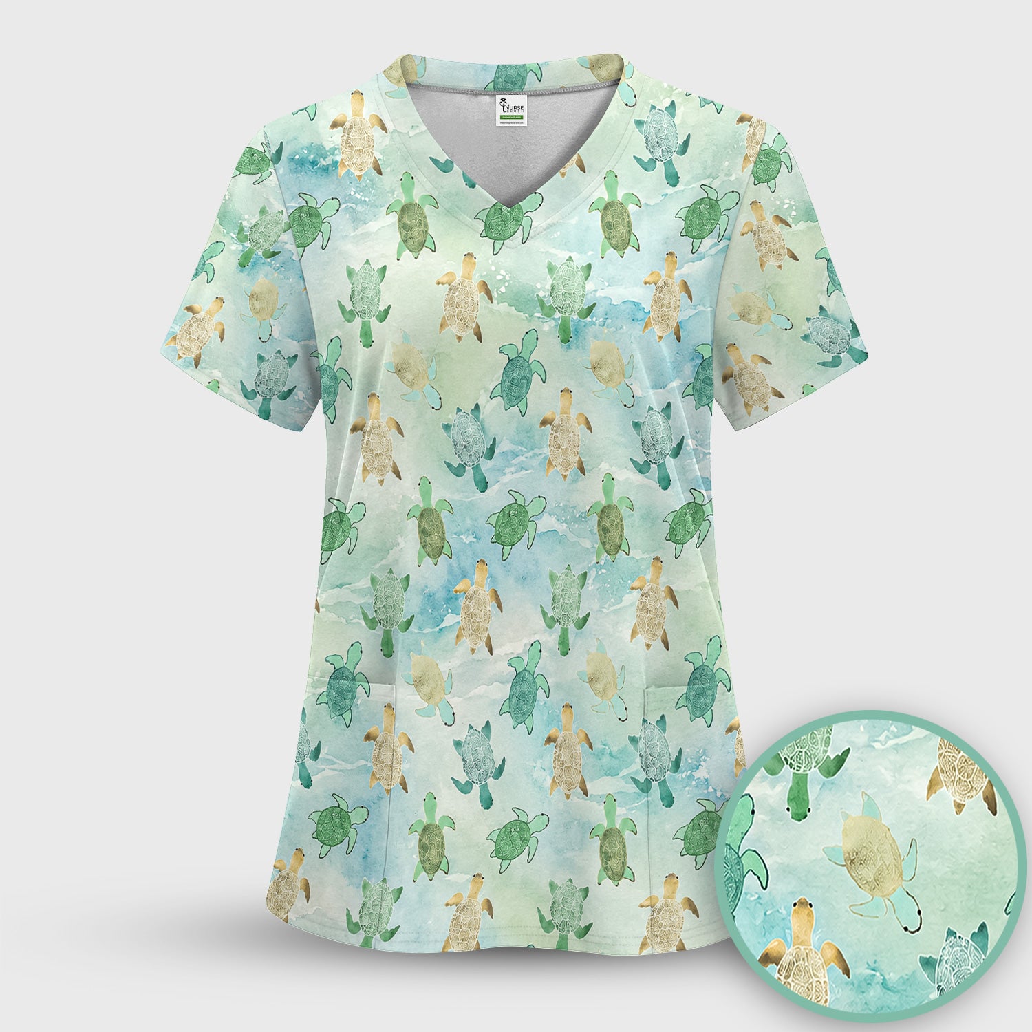 Watercolor Sea Turtle Pattern Scrub Top, Comfortable Scrubs for Nurses