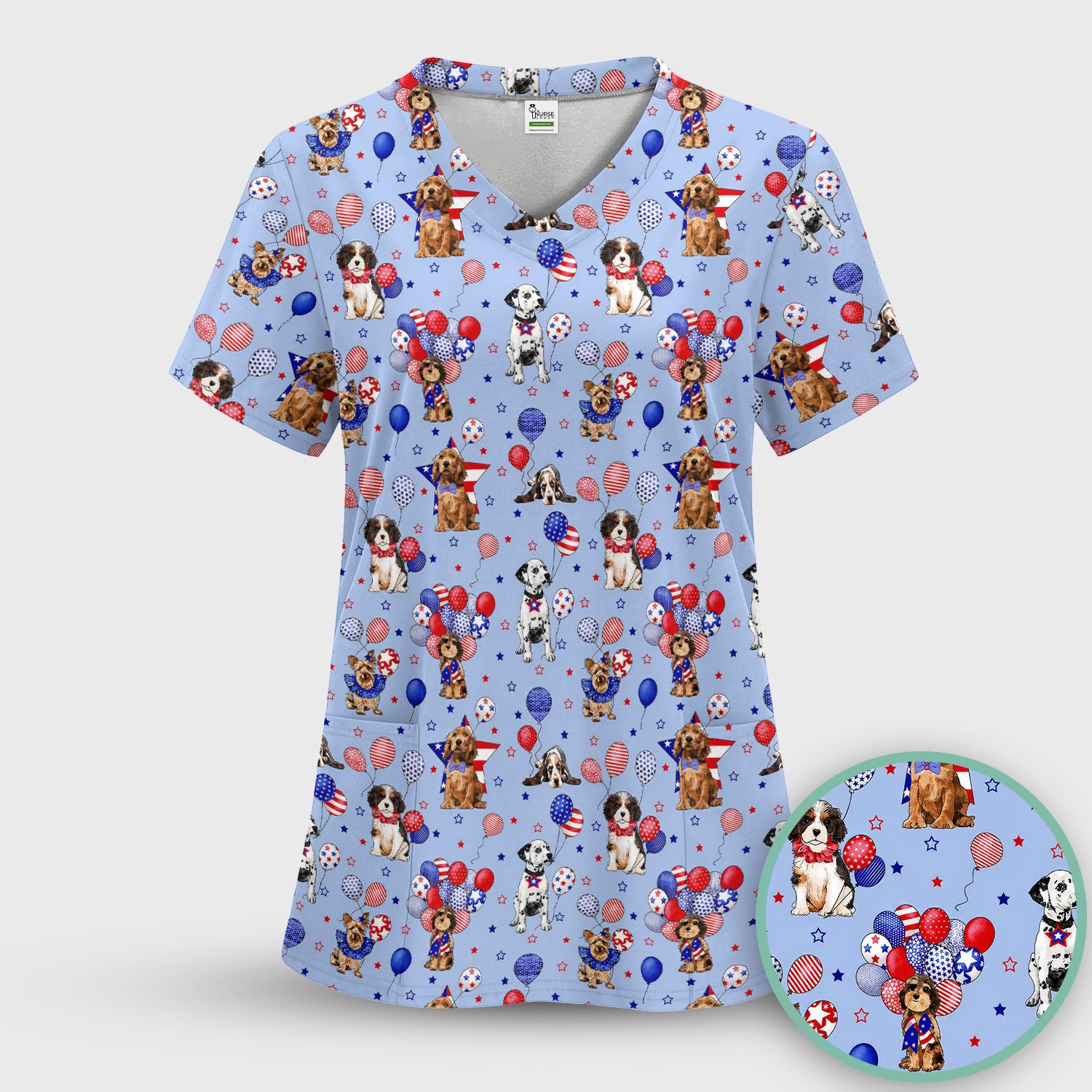 Patriotic Dogs With USA Flag Balloons Pattern Scrub Set, Scrub Pants and V Neck Top