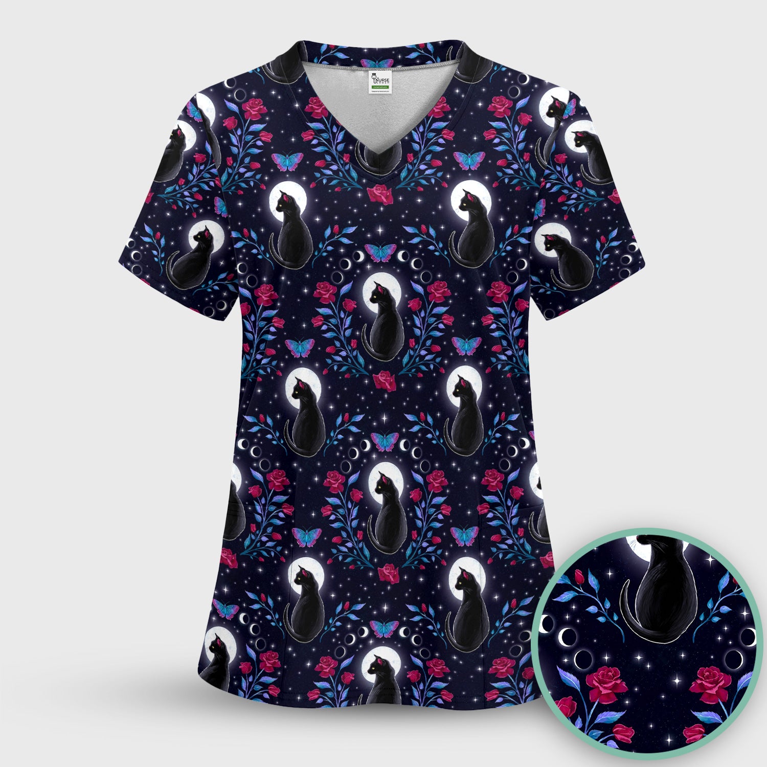 Black Cat Moon Rose Print Scrub Top, Comfortable Scrubs for Nurses