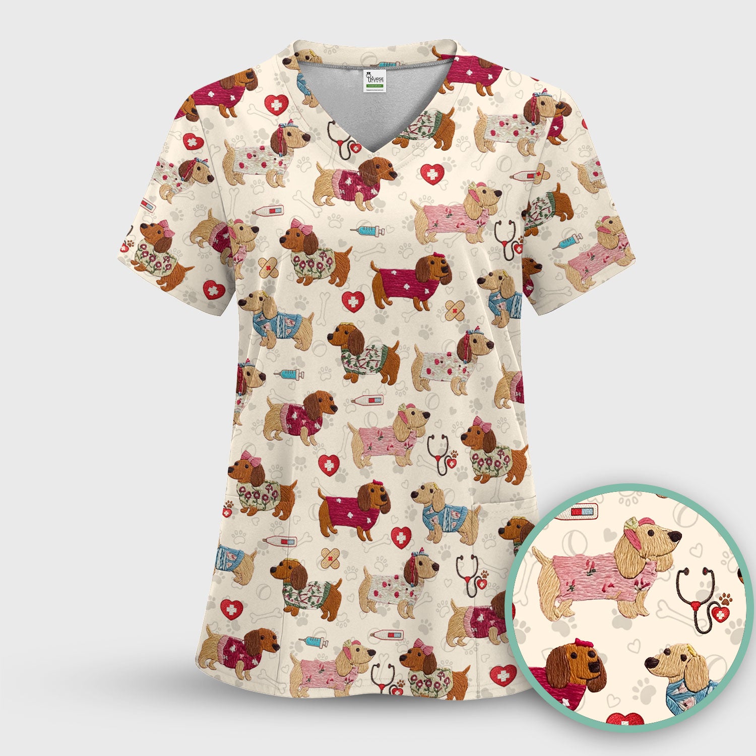 Cute Medical Wiener Dog Pattern Nurse Shirt, Dachshund Nursing Scrub Top, Breathable Fabrics Nursing Uniform