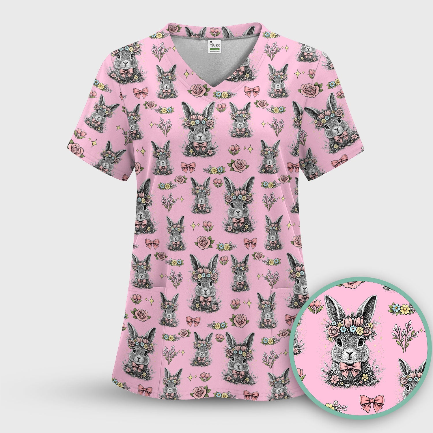 Vintage Floral Bunny Print Scrub Set, Scrub Pants and V Neck Top