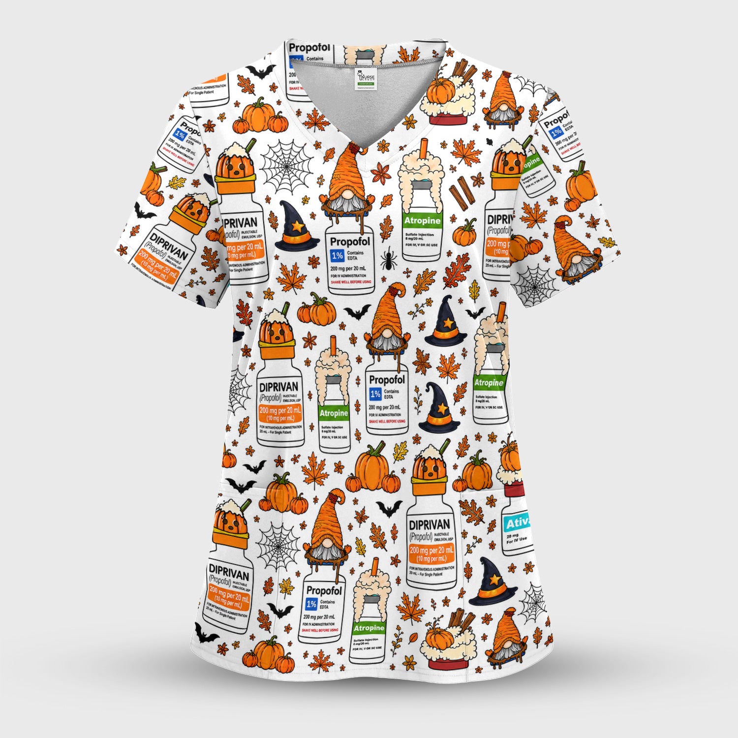 Funny Witch Hat & Pumpkin Print Scrub Top, Comfortable Scrubs for Nurses