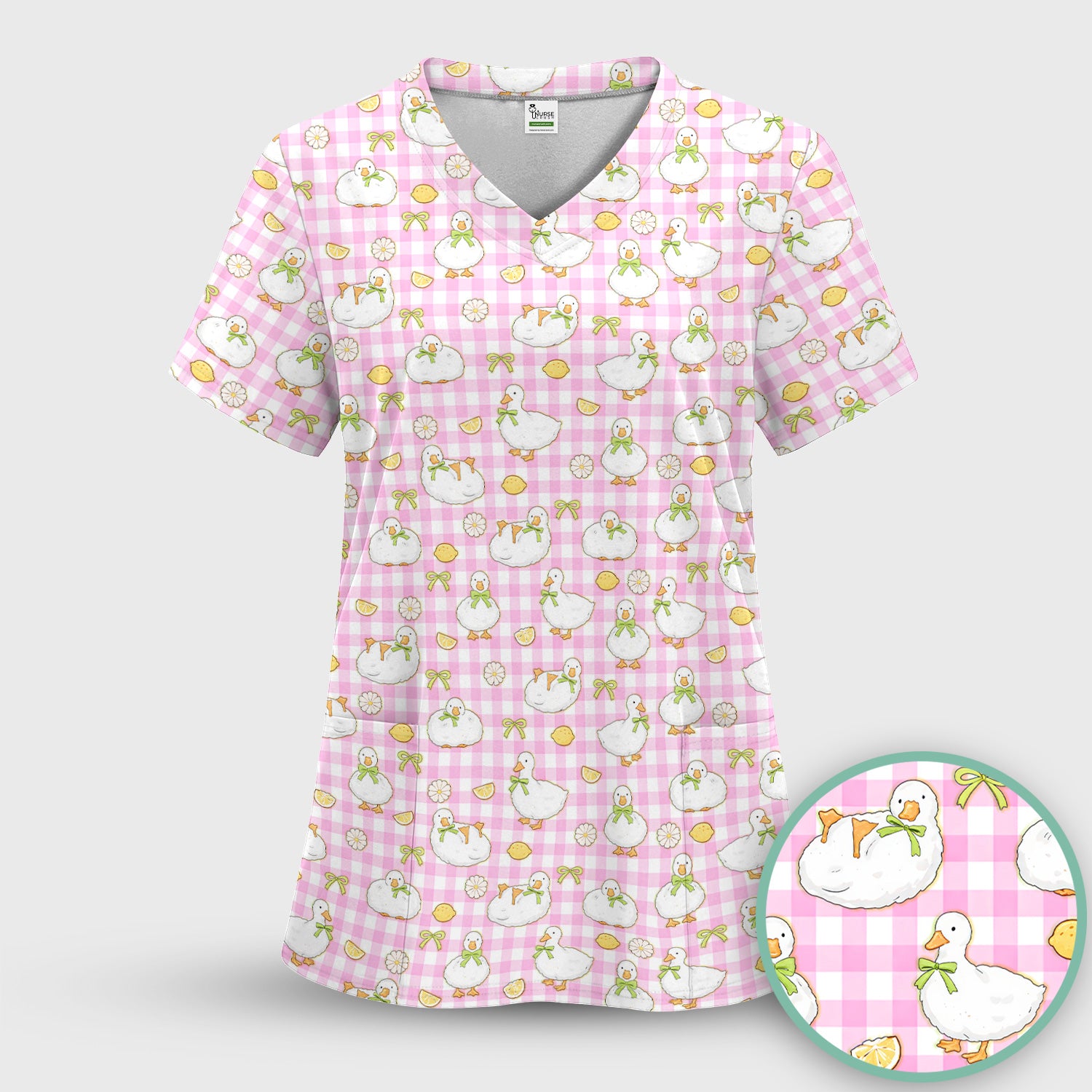 Adorable Ducks Lemon Daisy Pattern Scrubs Top, Comfortable Scrubs for Nurses