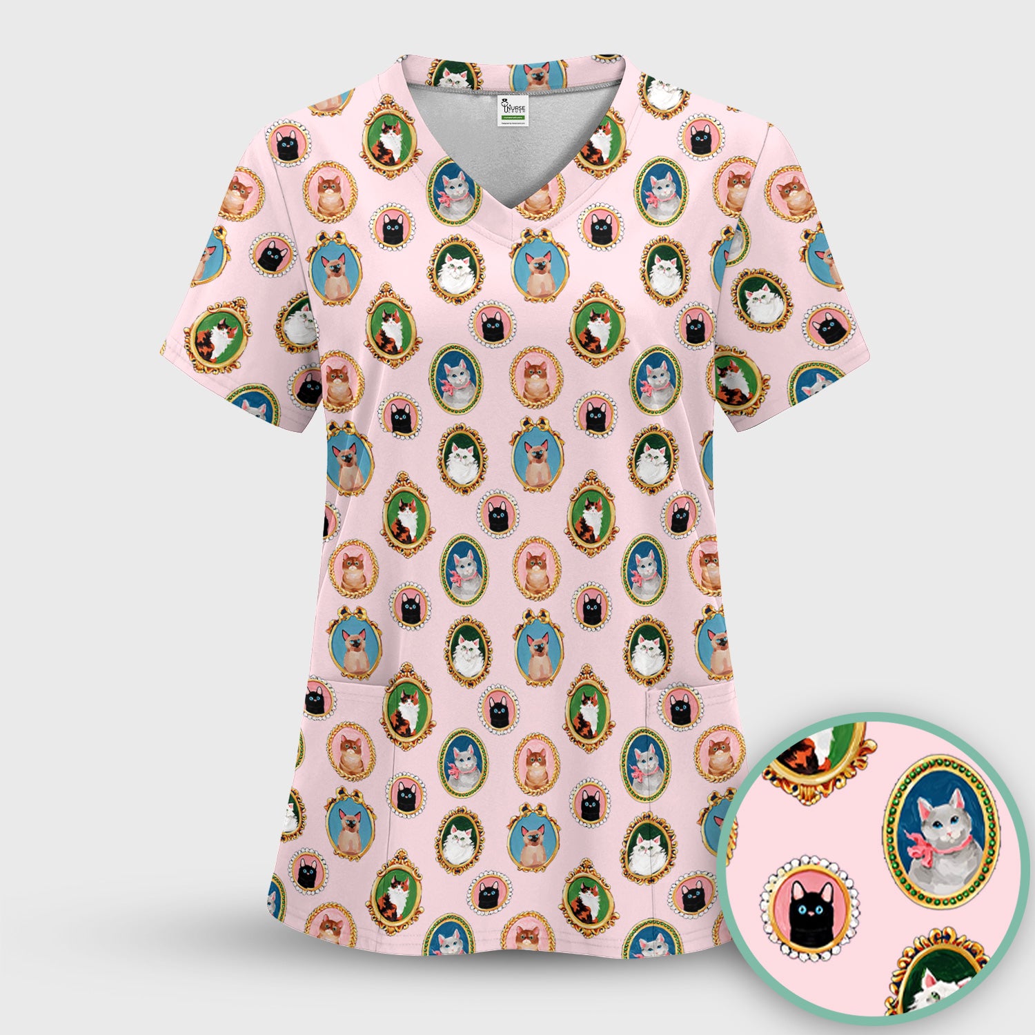Vintage Cat Portrait Pattern Scrub Top, Breathable Medical Uniform Top