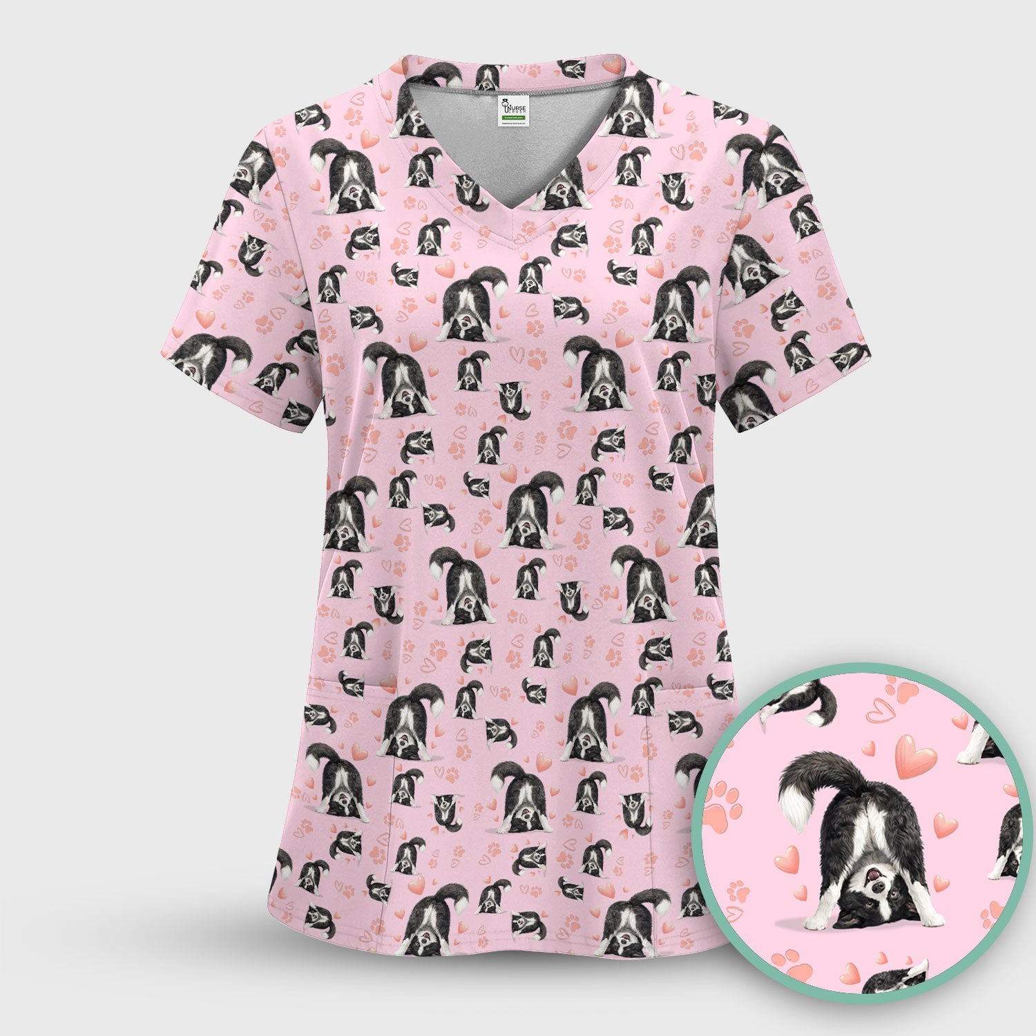 Cute Puppy Heart Medical Pattern Scrub Uniform, Women's Scrub Sets