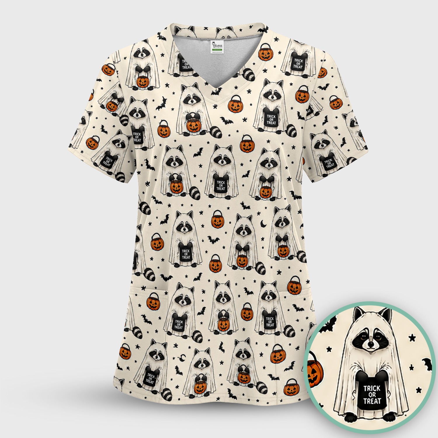 Cute Halloween Ghost Raccoon Scrub Top, Comfortable Scrubs for Nurses