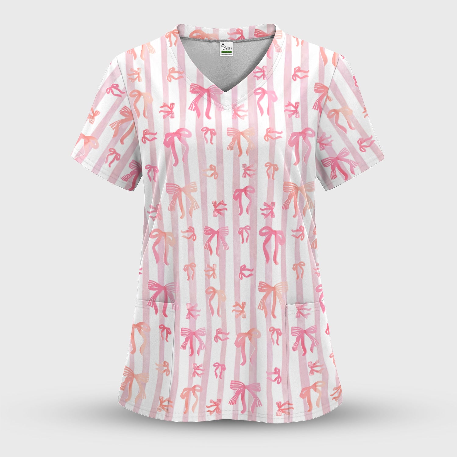 Pink Bow Stripe Pattern Print Scrub Top, Comfortable Scrubs for Nurses