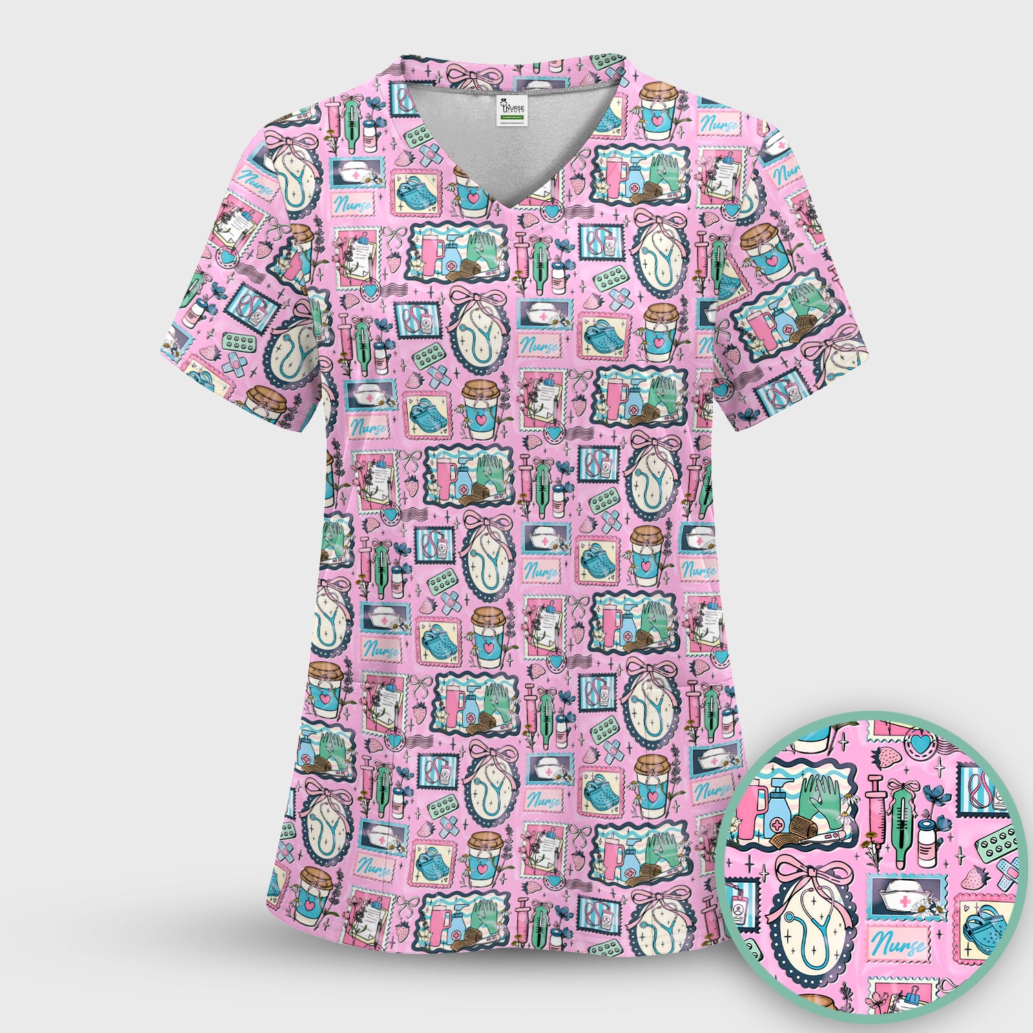 Medical Tools Stethoscope Syringe Frame Scrub Top, Breathable Fabrics Nursing Uniform