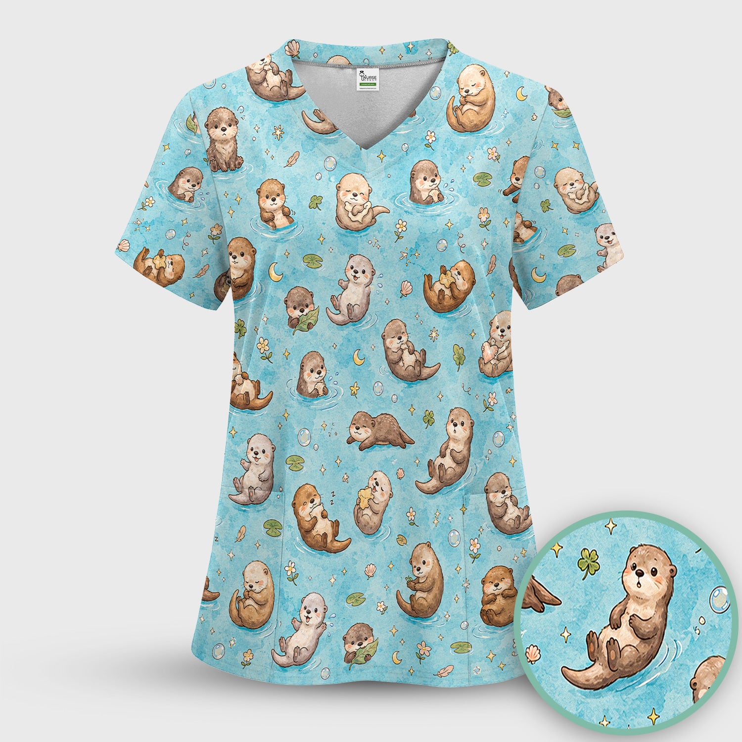 Cute Otter Pond Nurse Print Scrub Set, Scrub Pants and V Neck Top