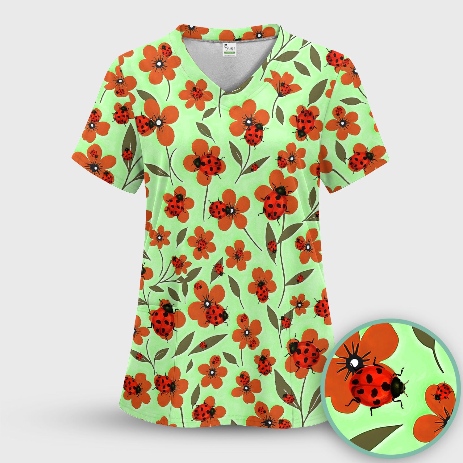 Ladybug on Orange Floral Garden Pattern Scrub Top, Comfortable Scrubs for Nurses