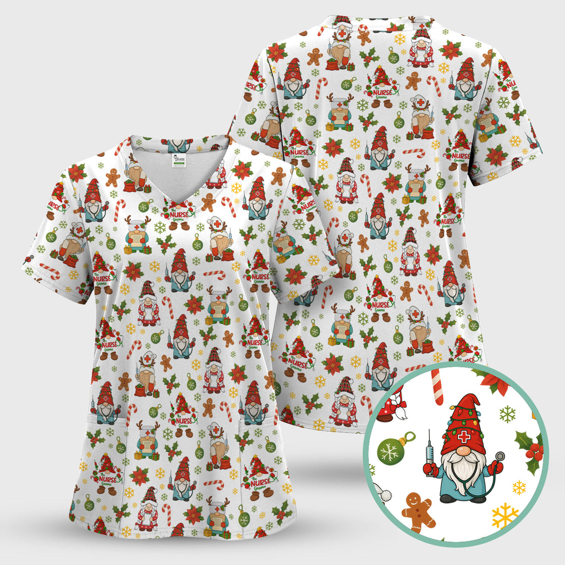 Christmas Gnome Nurse Scrub Top - Cute Holiday Santa Reindeer Print Scrubs - Funny Xmas Medical Scrub Shirt Gift for Women, CNA, RN, Doctor