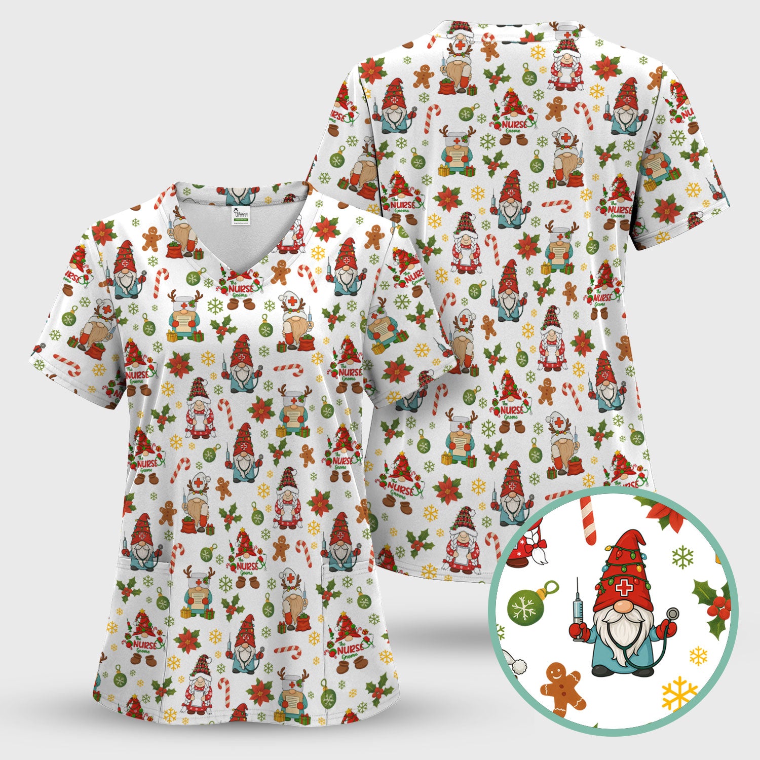 Christmas Gnome Nurse Scrub Top - Cute Holiday Santa Reindeer Print Scrubs - Funny Xmas Medical Scrub Shirt Gift for Women, CNA, RN, Doctor