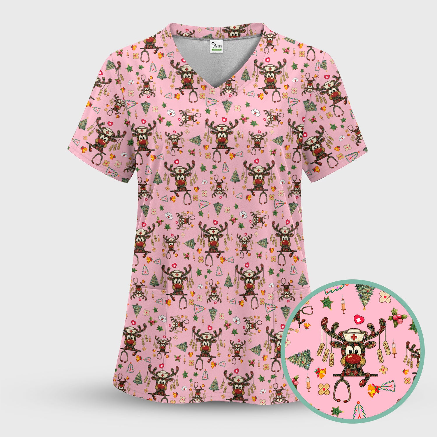 Reindeer Christmas Nurse Scrub Top - Funny Holiday Scrub Shirt - Cute Medical Uniform for Women RN LPN CNA Gift