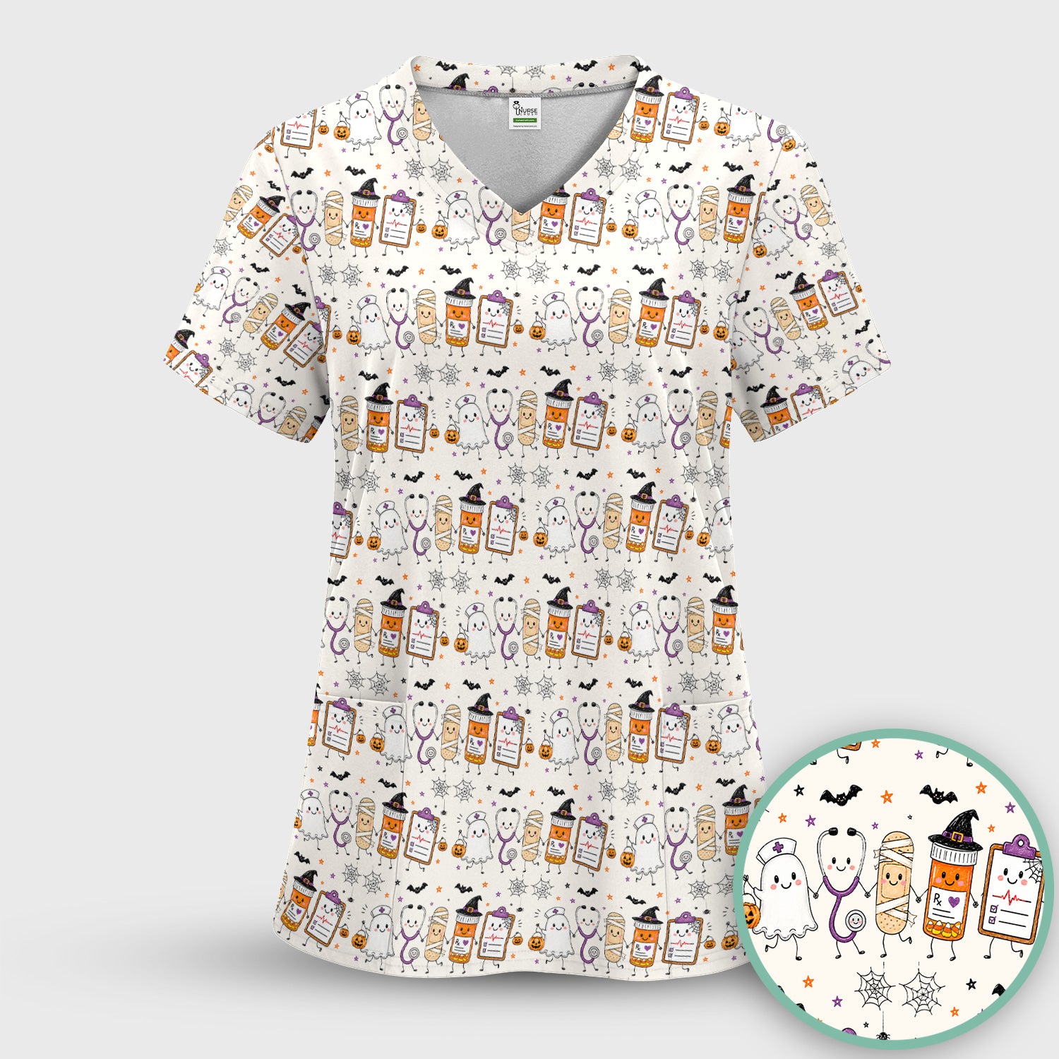 Halloween Medical Characters Print Scrub Top, Comfortable Scrubs for Nurses