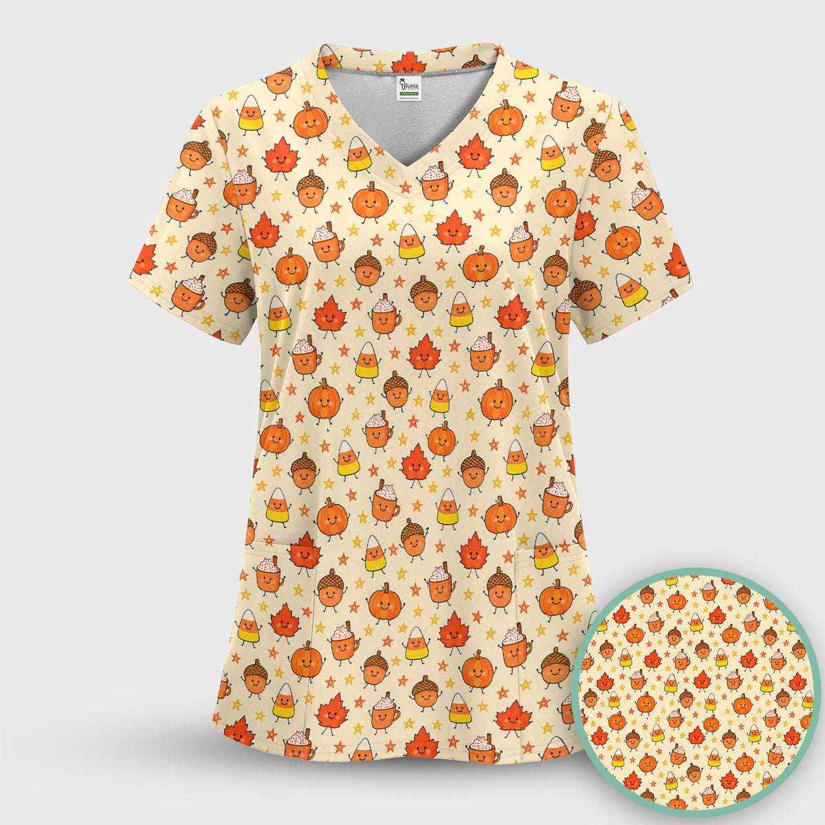 Cute Fall Pumpkin Spice Doodles Scrub Set, Scrub Pants and V Neck Top