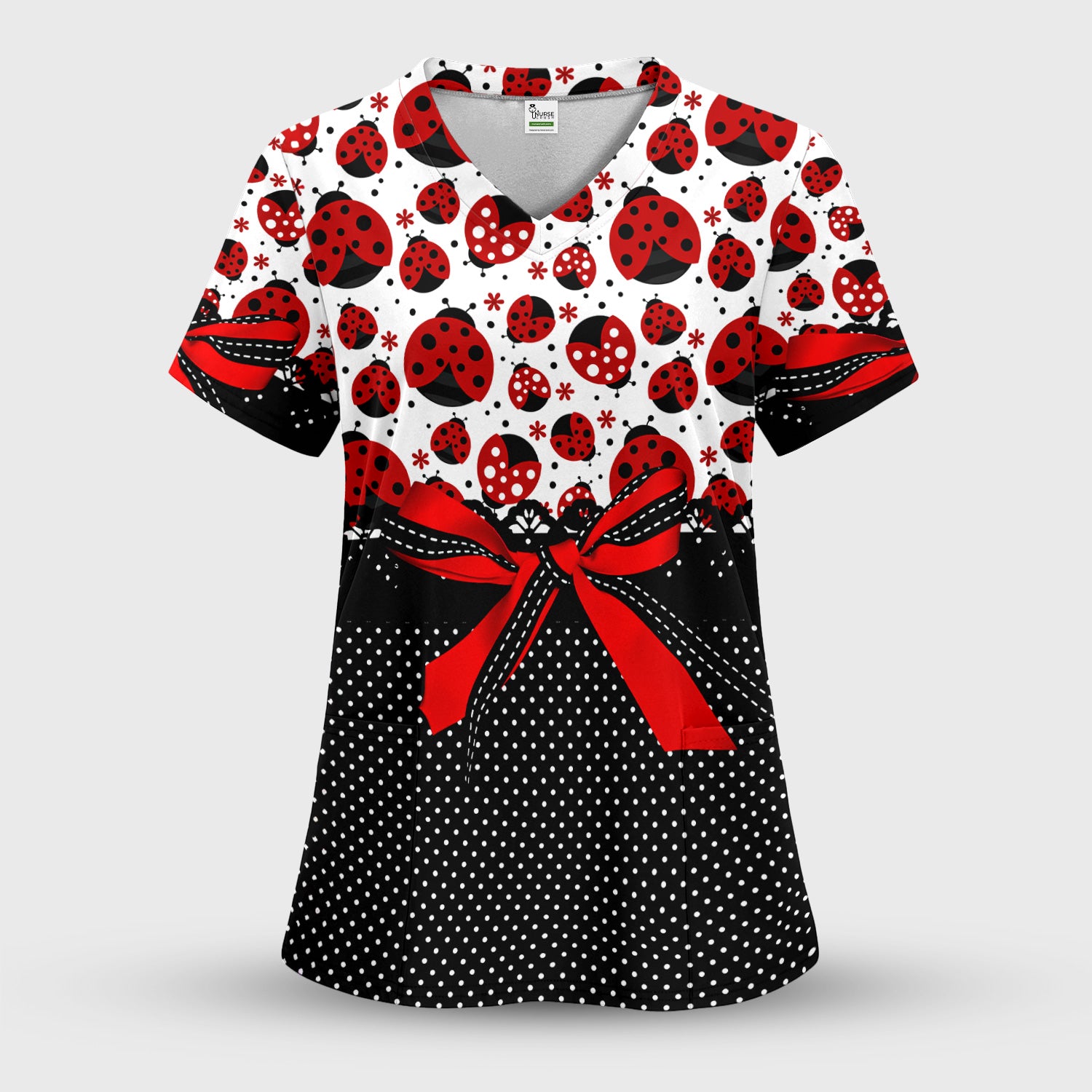 Cute Ladybug Red Ribbon Polka Pattern Scrub Top, Breathable Fabrics Nursing Uniform