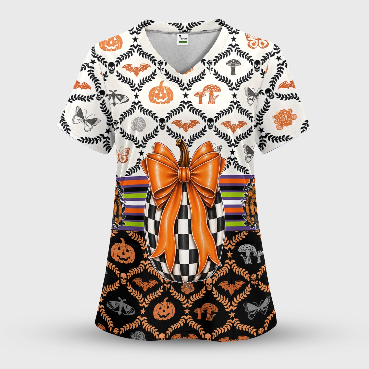 Halloween Checkered Pumpkin With Bow Pattern Scrub Top, Comfortable Scrubs for Nurses